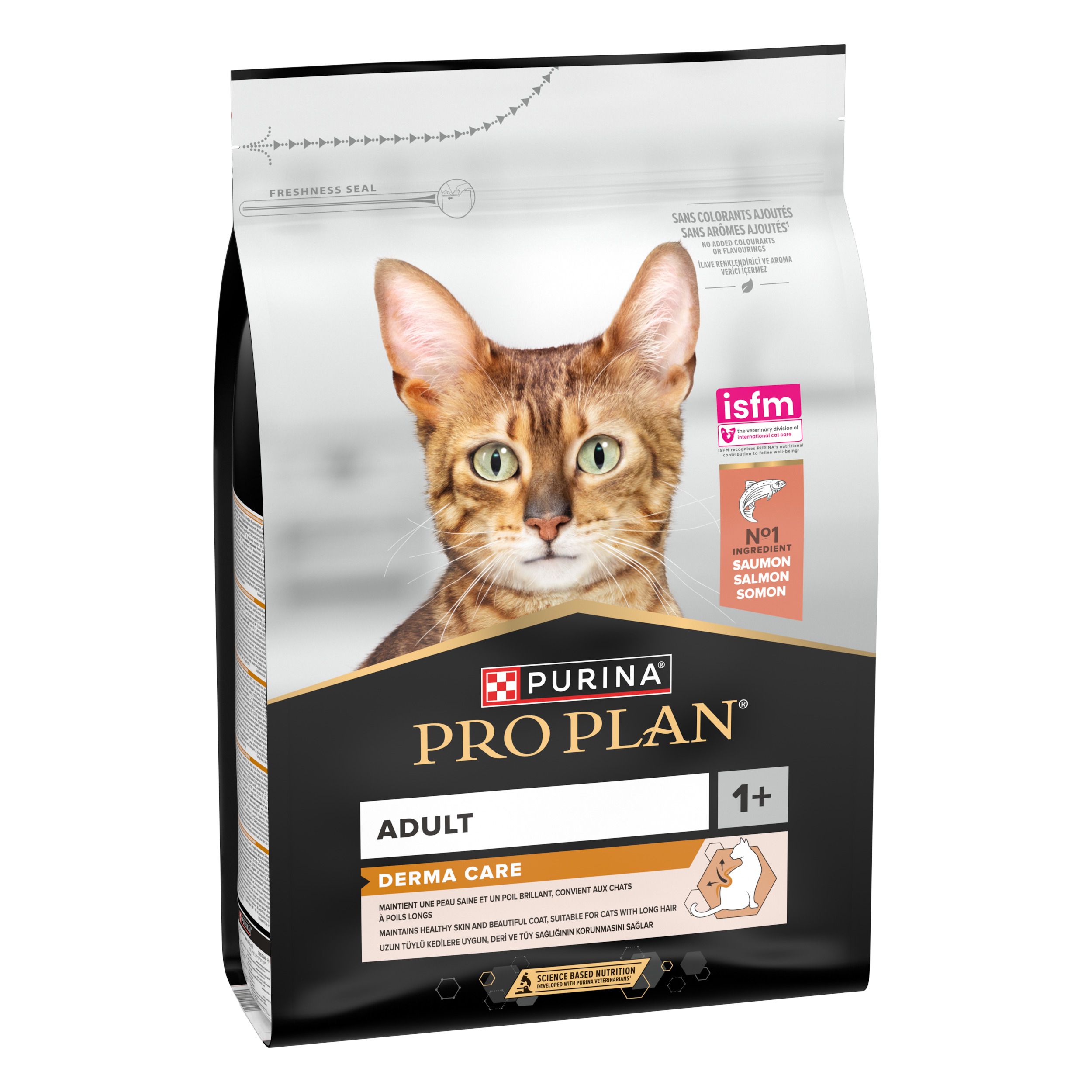 Pro Plan Adult Derma Care kattenvoer. Zak met kattenafbeelding. Bevat zalm. Met ISFM-certificering.