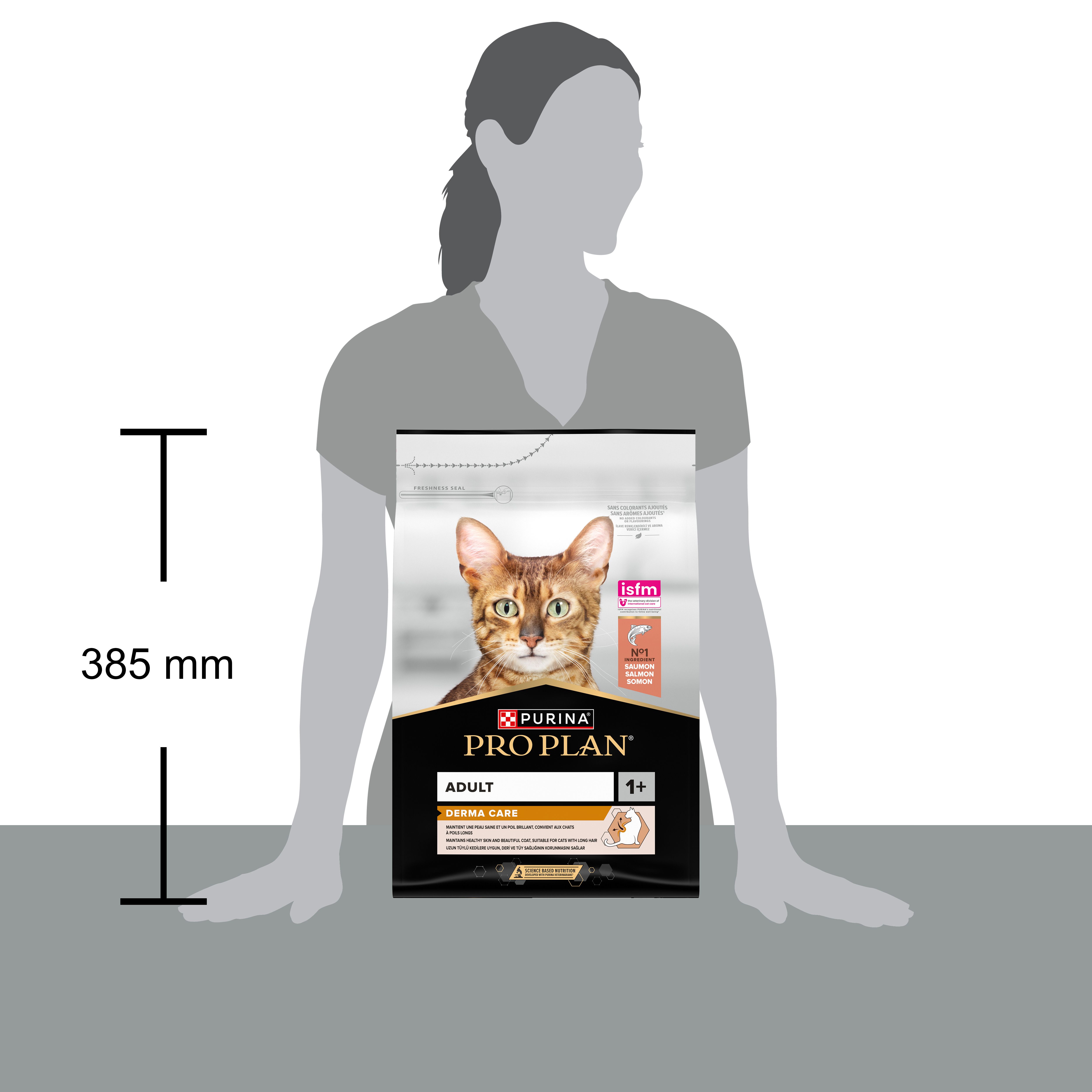 Pro Plan Adult Derma Care kattenvoer. Zak met kattenafbeelding. Bevat zalm. Met ISFM-certificering.