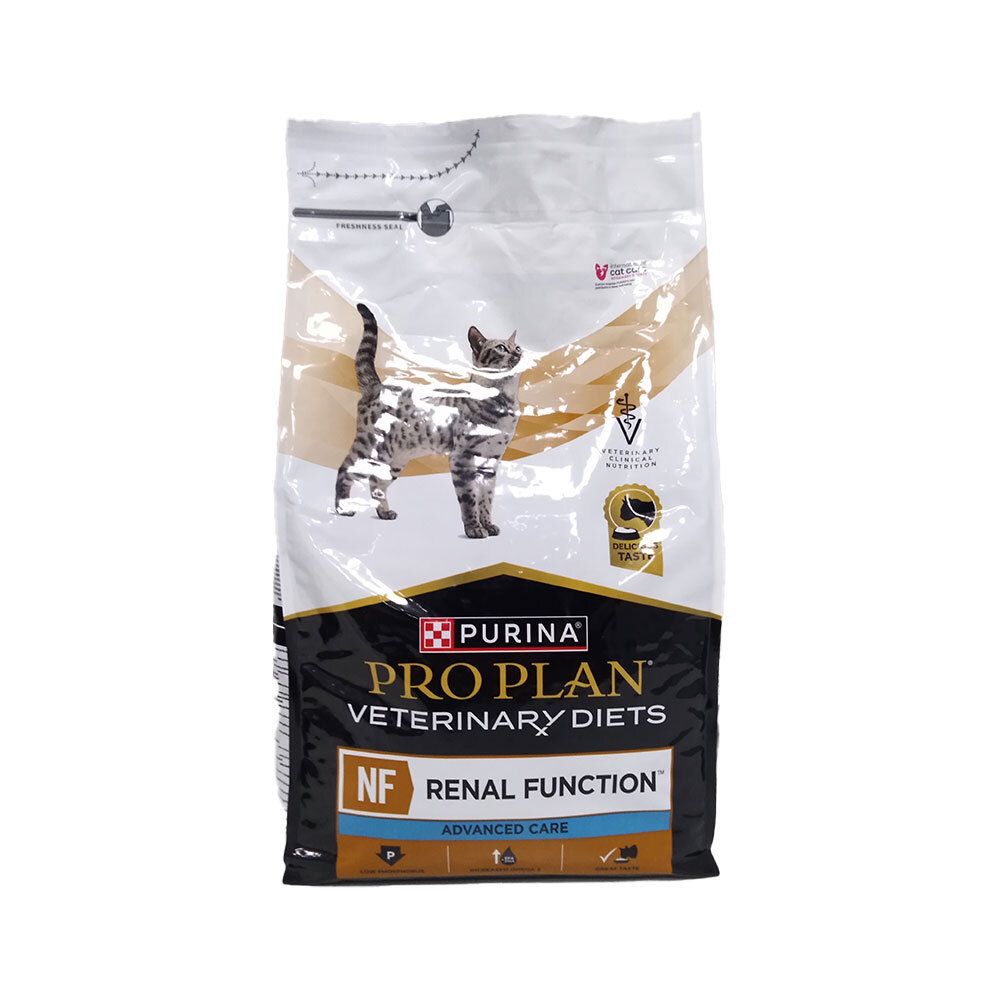 Zak kattenvoer. Opschrift: PRO PLAN VETERINARY DIETS NF RENAL FUNCTION ADVANCED CARE. Afbeelding van een kat.