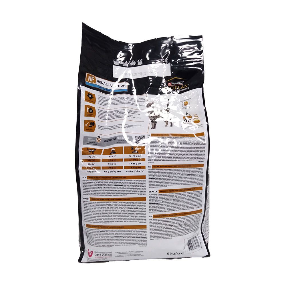 Achterkant van de kattenvoerzak. Tekstinformatie en illustraties. Opschrift: NF RENAL FUNCTION. 5 kg.