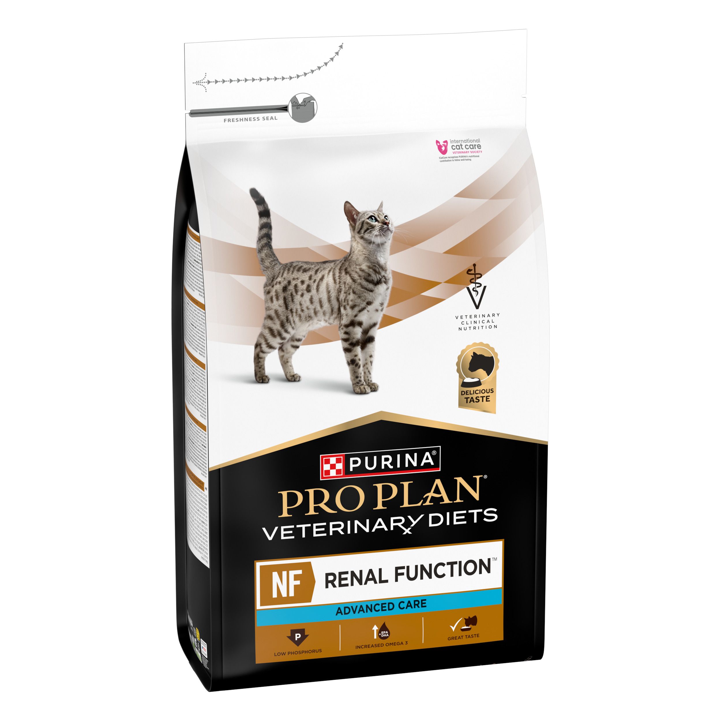 Zak kattenvoer. Opschrift: PRO PLAN VETERINARY DIETS NF RENAL FUNCTION ADVANCED CARE. Afbeelding van een kat.
