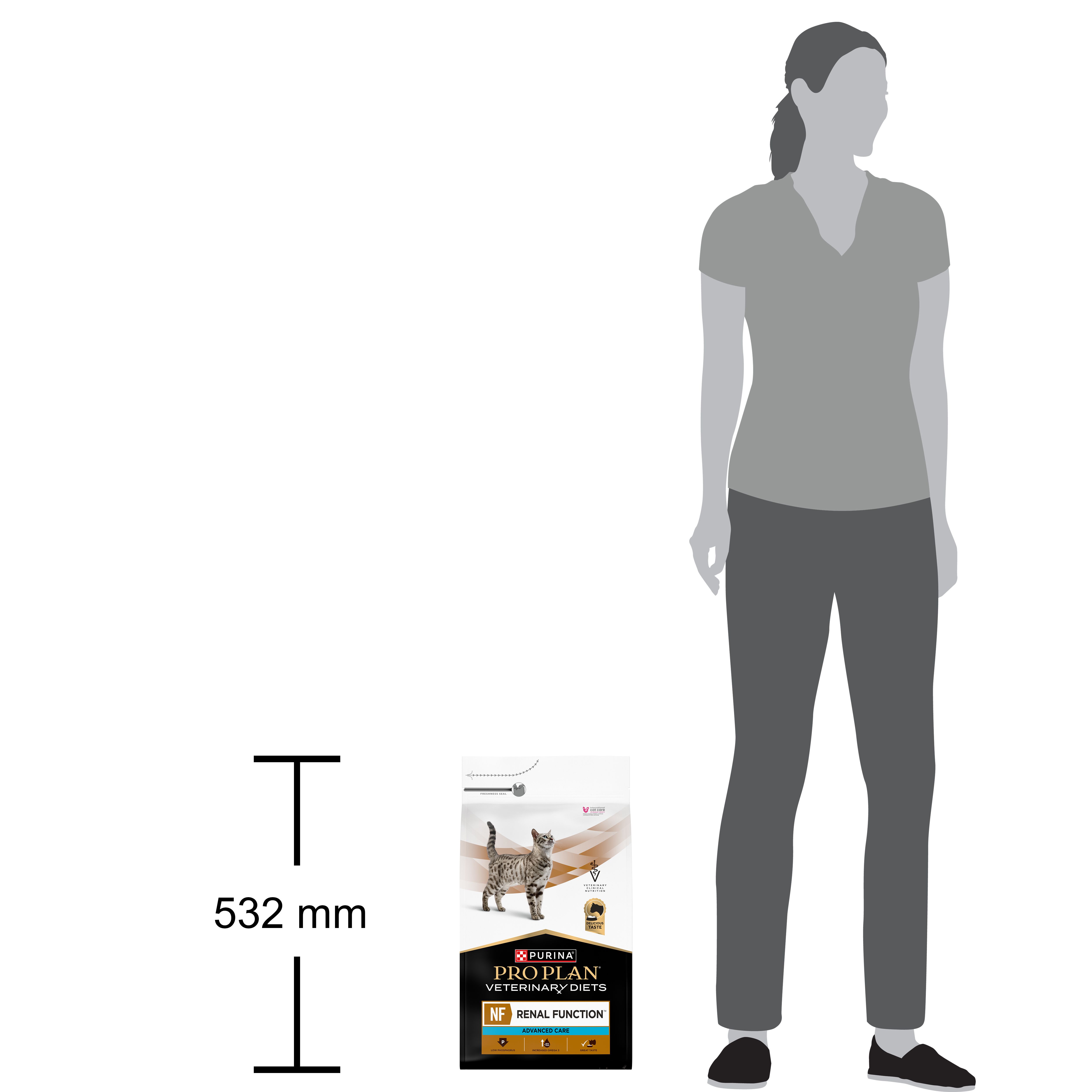 Sac de nourriture pour chats. Inscription : PRO PLAN VETERINARY DIETS NF RENAL FUNCTION ADVANCED CARE. Image d'un chat.