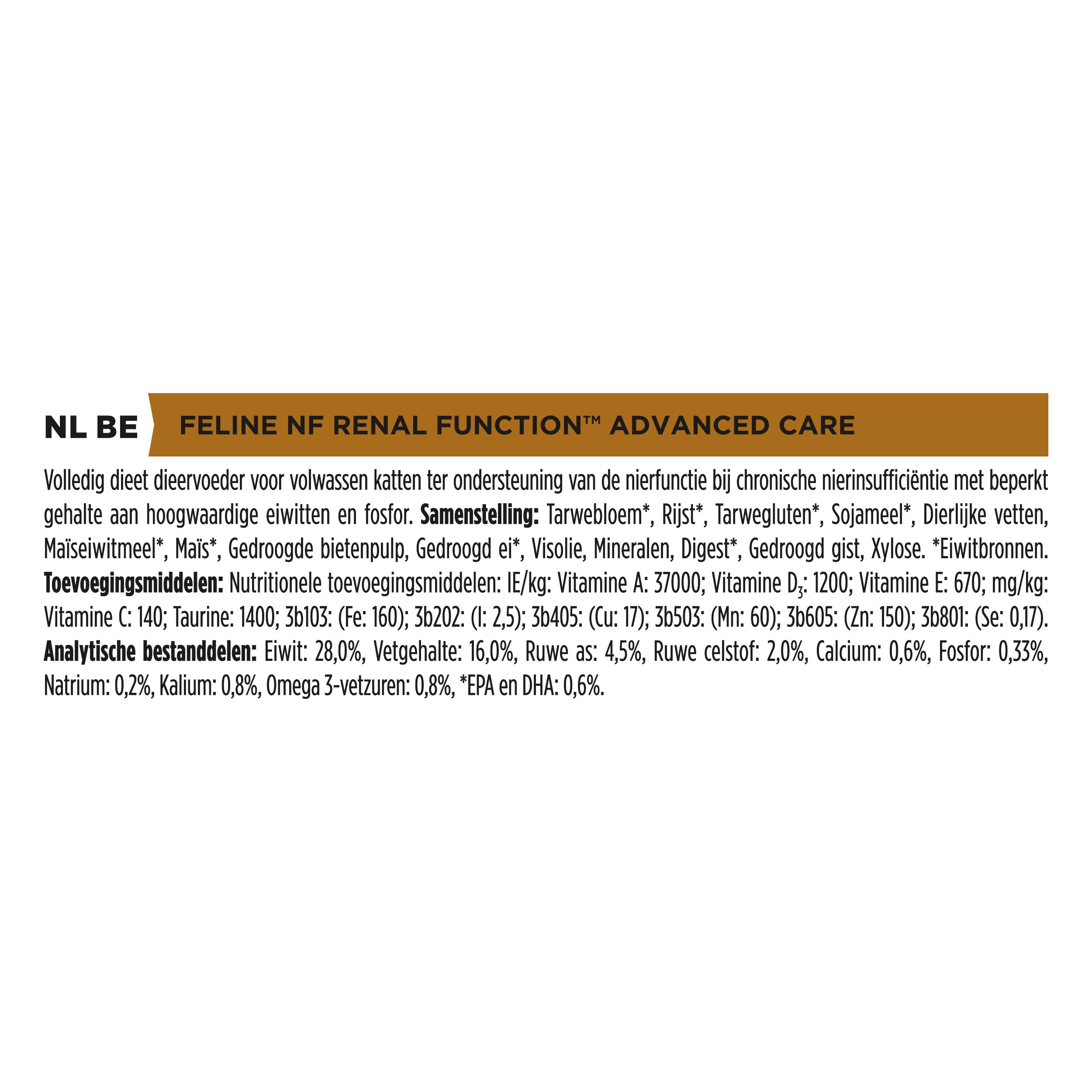 Tekstinformatie en illustraties. Opschrift: Feline NF Renal Function Advanced Care. Samenstelling en analyse.