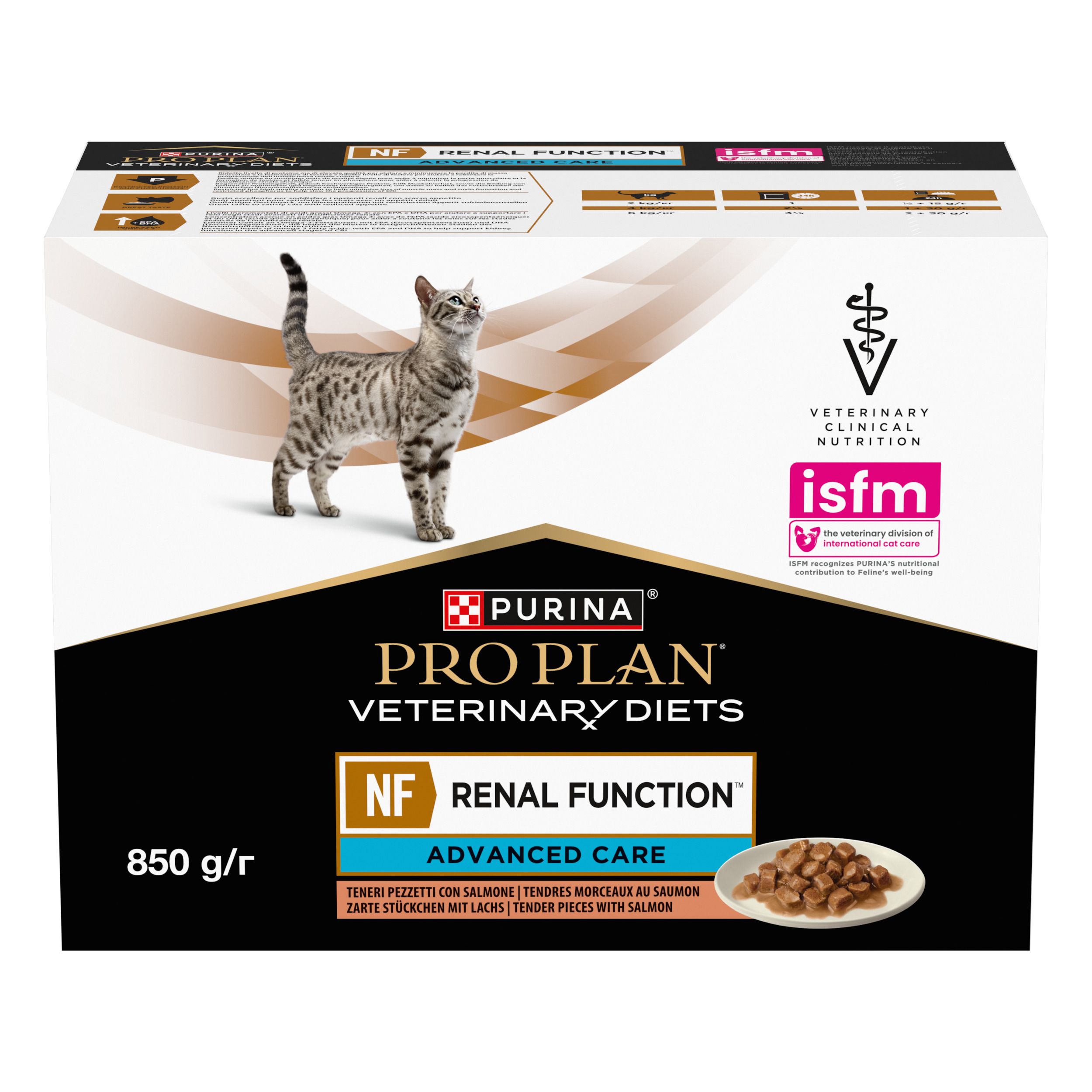 Kartonverpakking kattenvoer. Purina Pro Plan Veterinary Diets, NF Renal Function, Advanced Care. Afbeelding van kat.