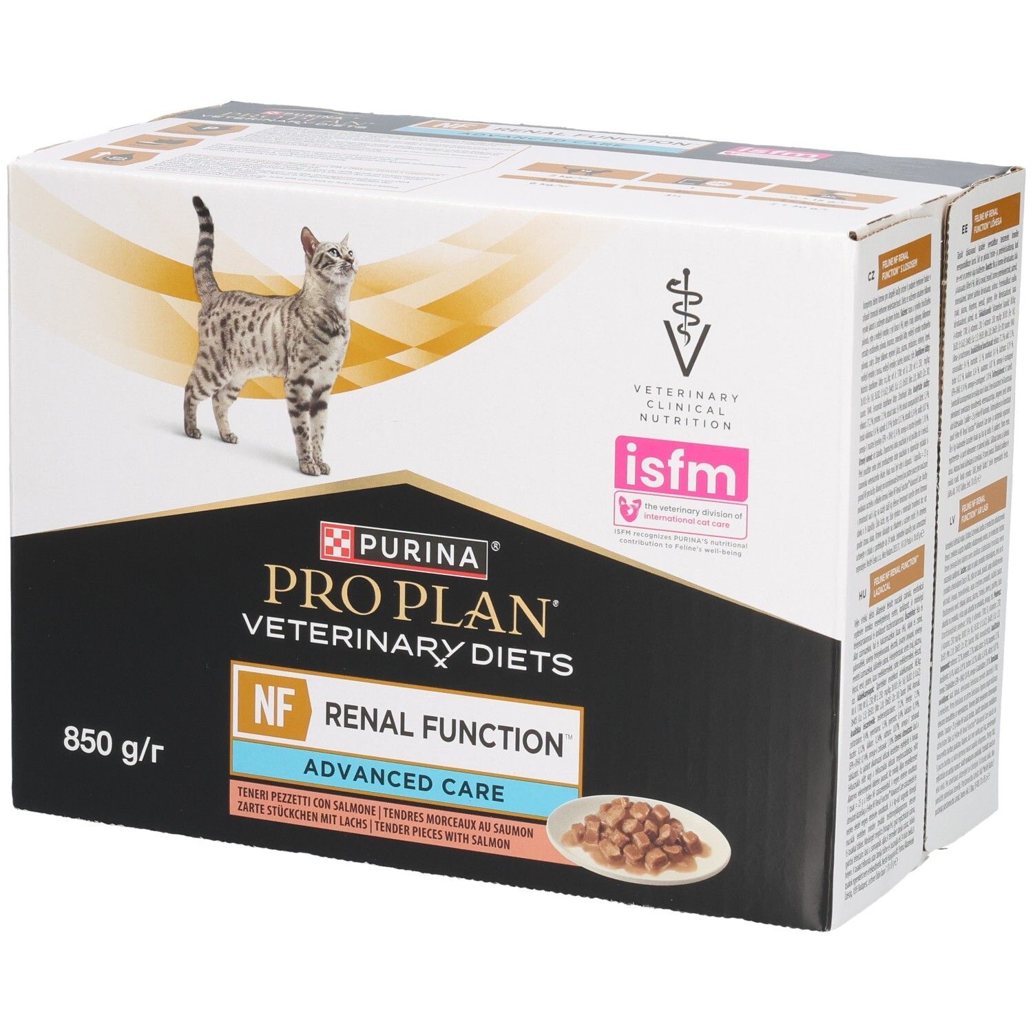 Kartonverpakking kattenvoer. Purina Pro Plan Veterinary Diets, NF Renal Function, Advanced Care. Afbeelding van kat.