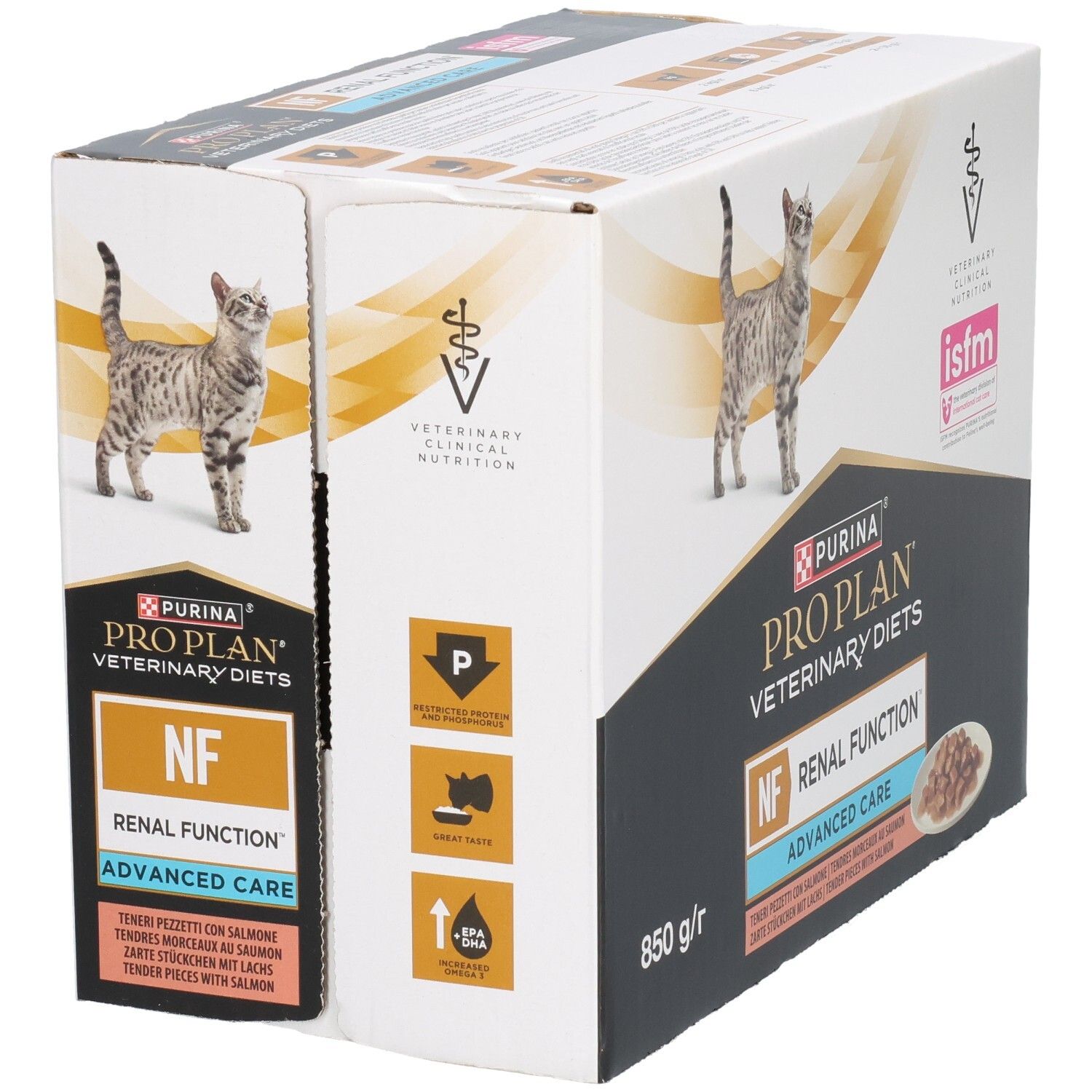 Kartonverpakking kattenvoer. Purina Pro Plan Veterinary Diets, NF Renal Function, Advanced Care. Afbeelding van kat.