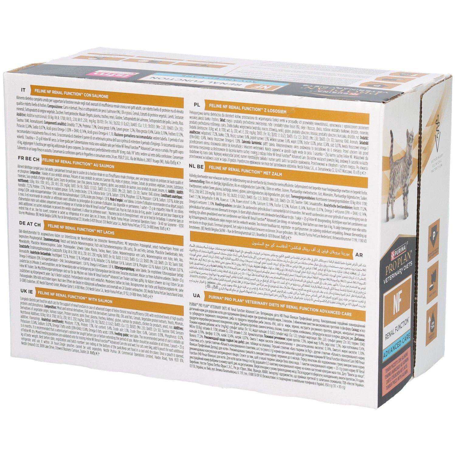 Achterkant van de doos. Meertalige tekst. Product: Feline NF Renal Function. Bevat tekst.