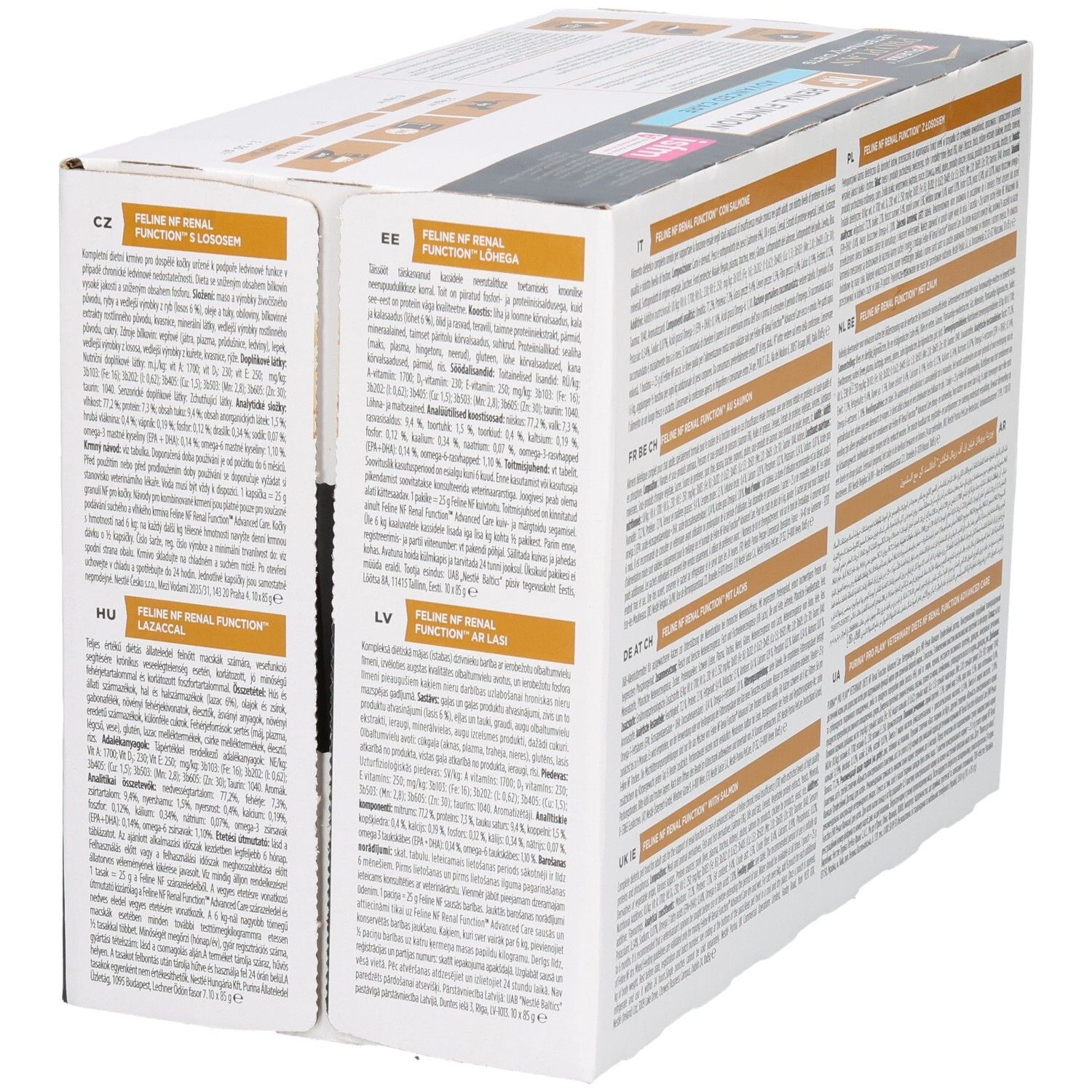 Achterkant van de doos. Meertalige tekst. Product: Feline NF Renal Function. Bevat tekst.