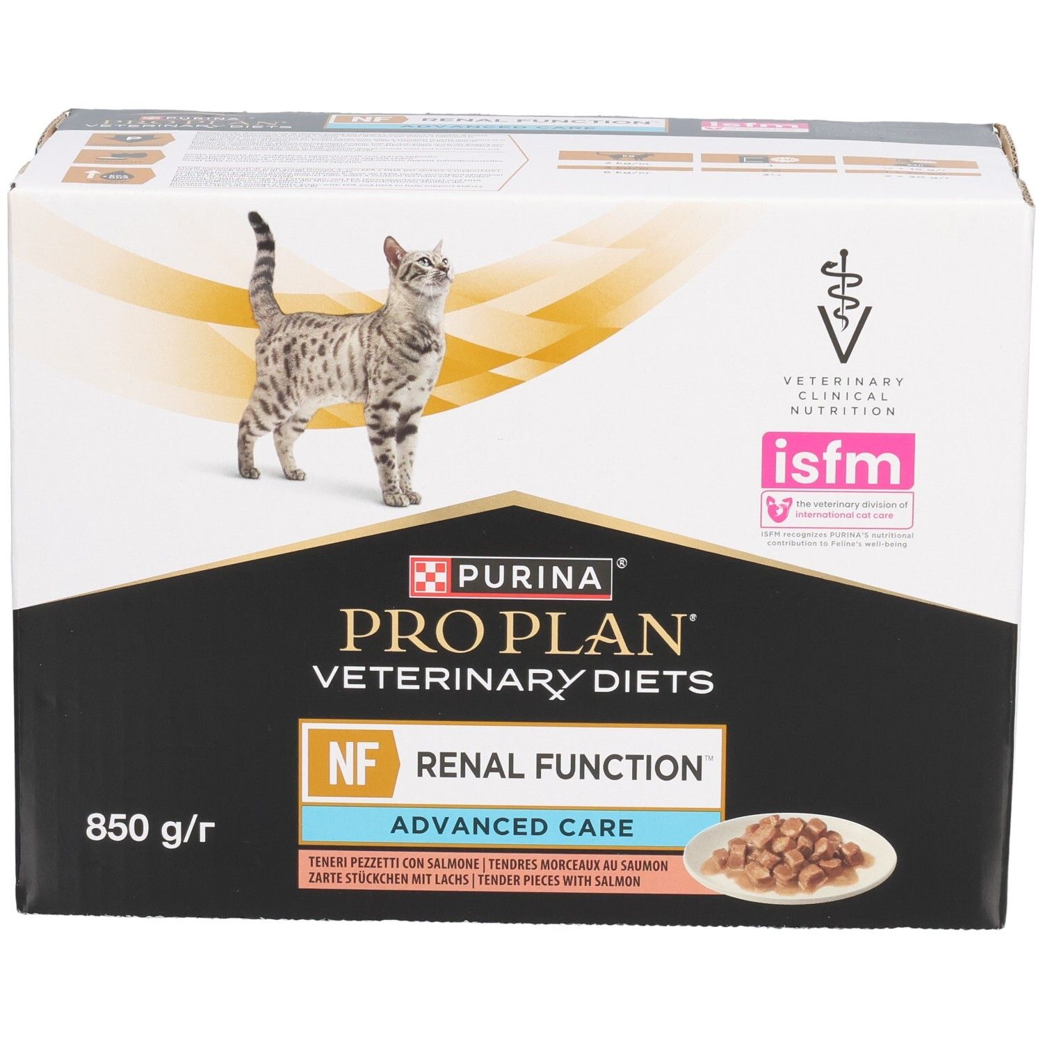Kartonverpakking kattenvoer. Purina Pro Plan Veterinary Diets, NF Renal Function, Advanced Care. Afbeelding van kat.