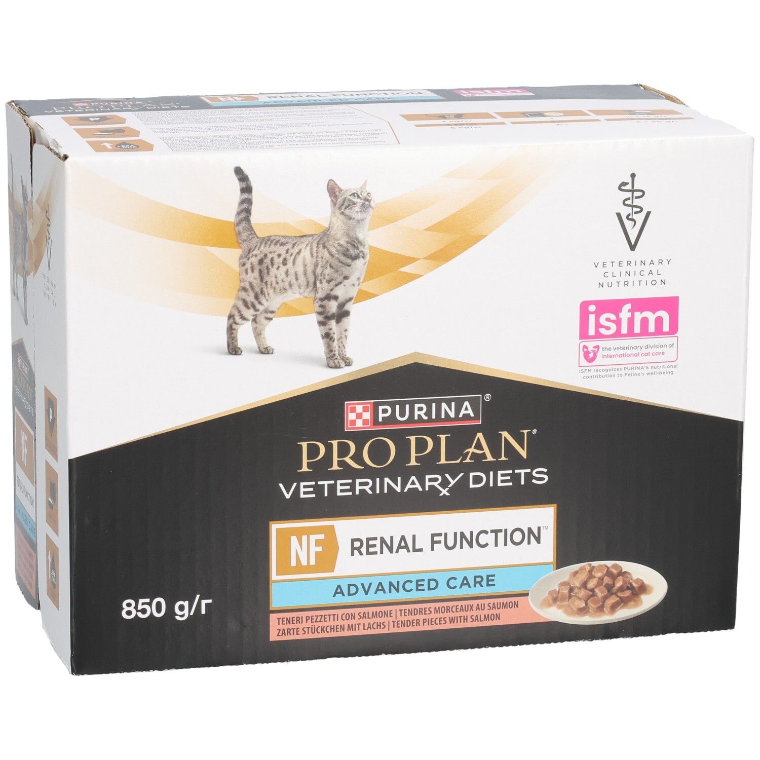 Kartonverpakking kattenvoer. Purina Pro Plan Veterinary Diets, NF Renal Function, Advanced Care. Afbeelding van kat.