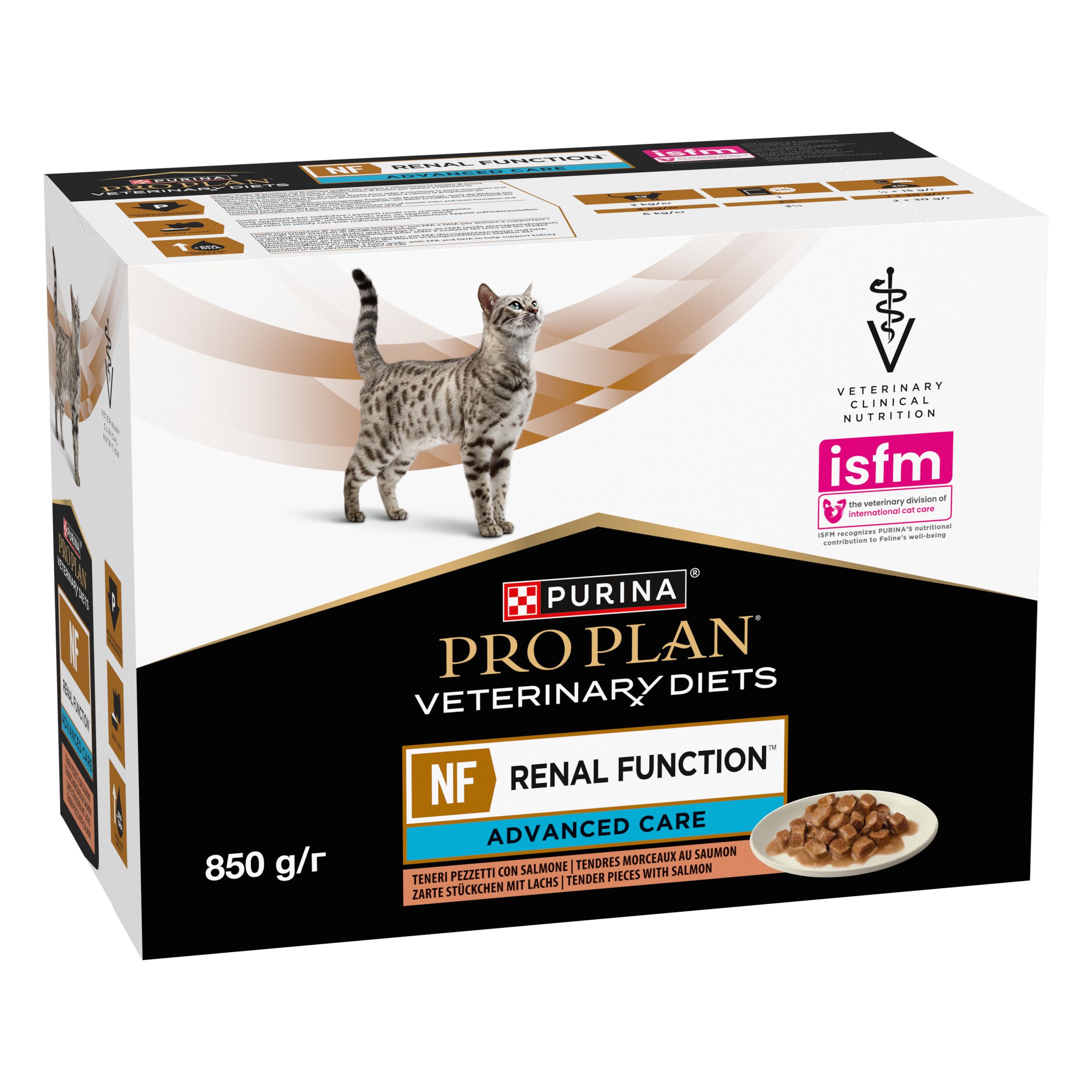 Kartonverpakking kattenvoer. Purina Pro Plan Veterinary Diets, NF Renal Function, Advanced Care. Afbeelding van kat.