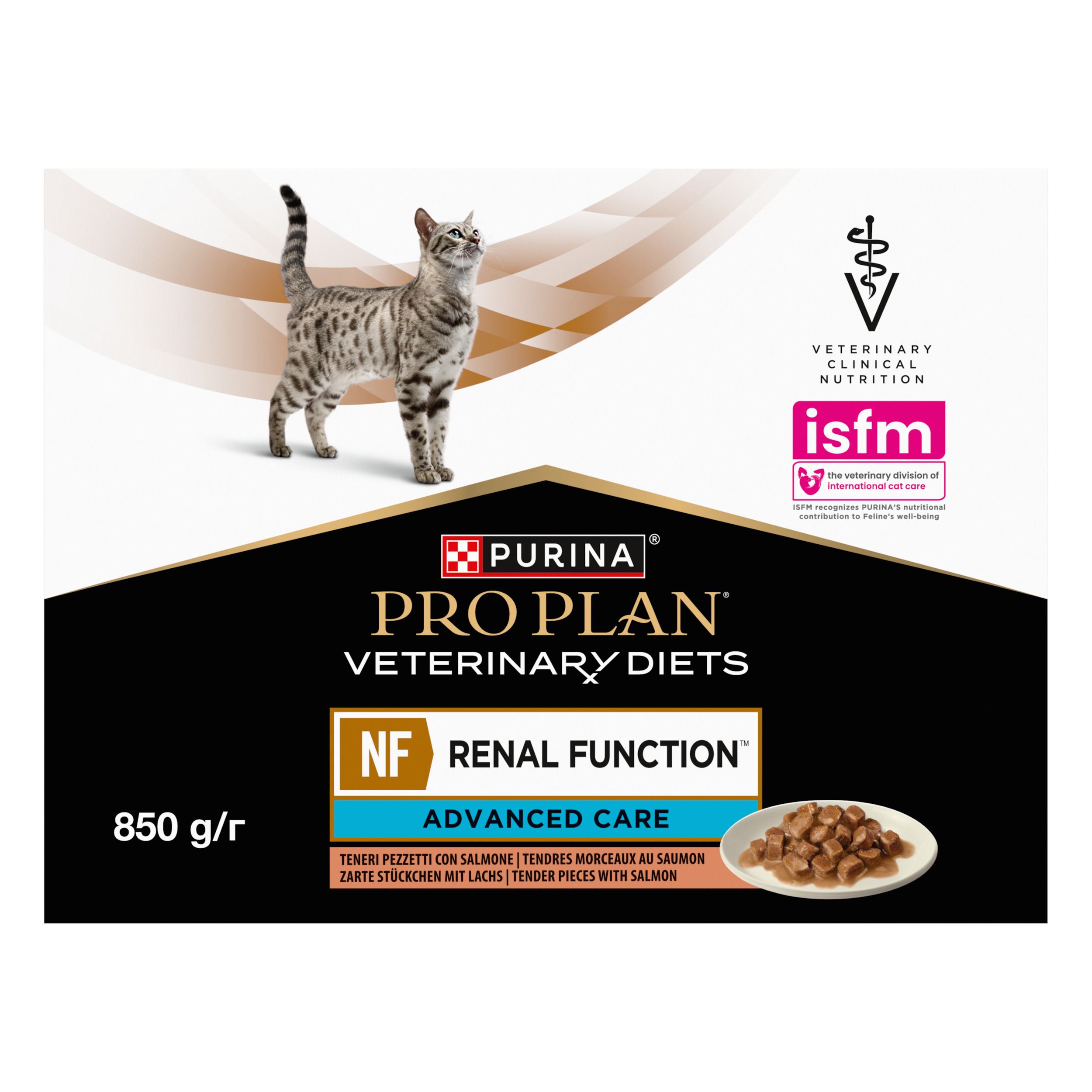 Achterkant van de doos. Meertalige tekst. Product: Feline NF Renal Function. Bevat tekst.