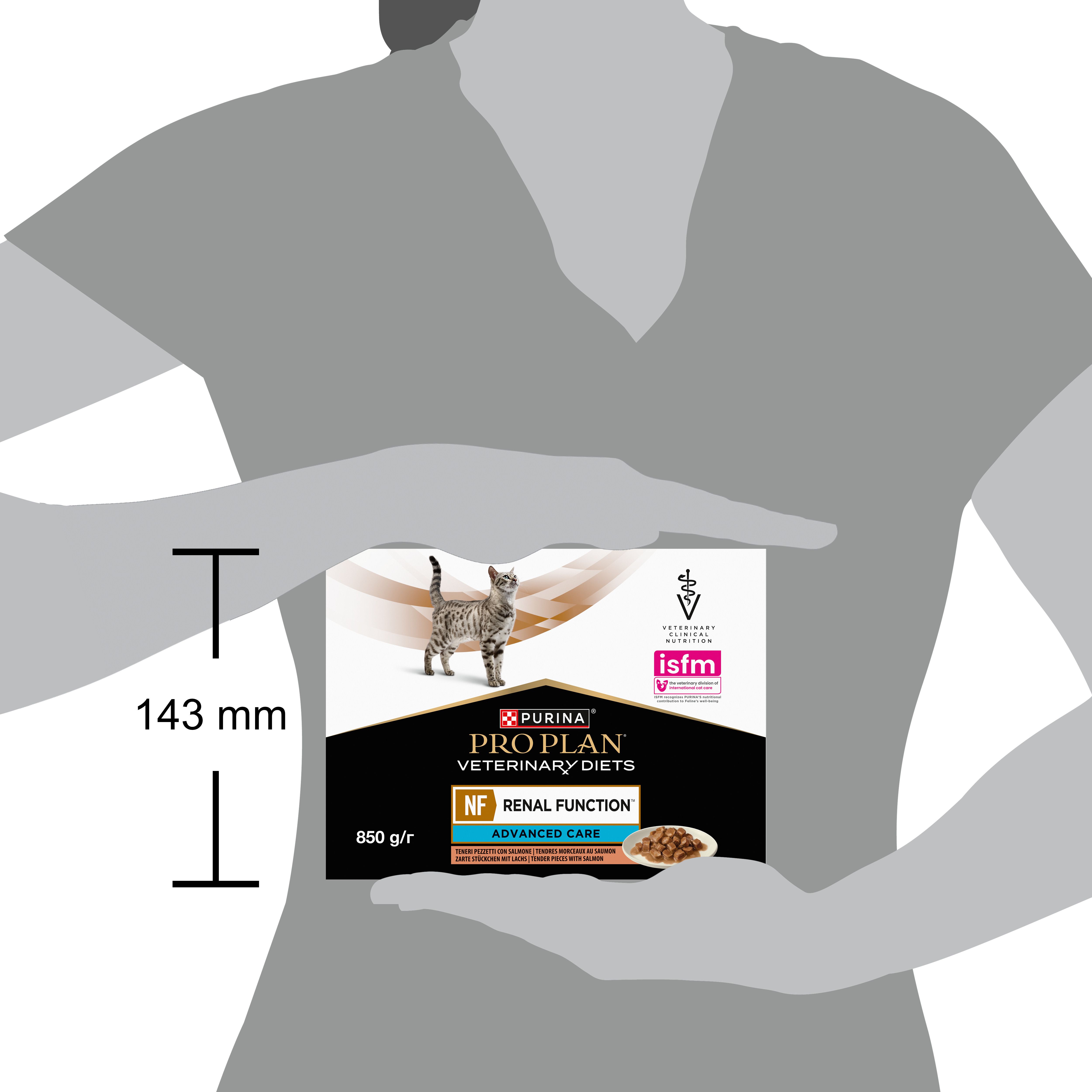 Boîte de nourriture pour chats. Purina Pro Plan Veterinary Diets, NF Renal Function, Advanced Care. Image d'un chat.