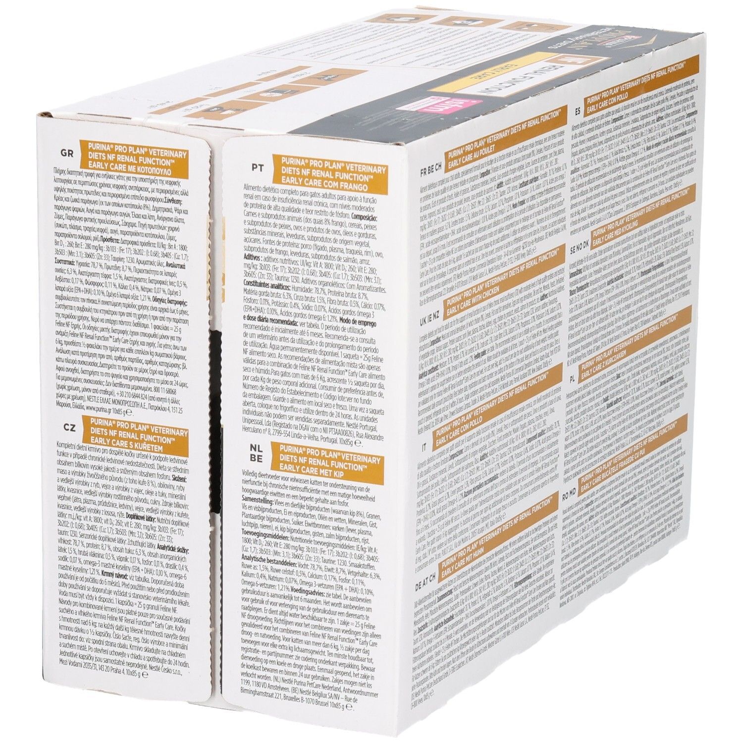 Achterkant verpakking kattenvoer. Meertalige tekst. Merk: Purina Pro Plan Veterinary Diets.