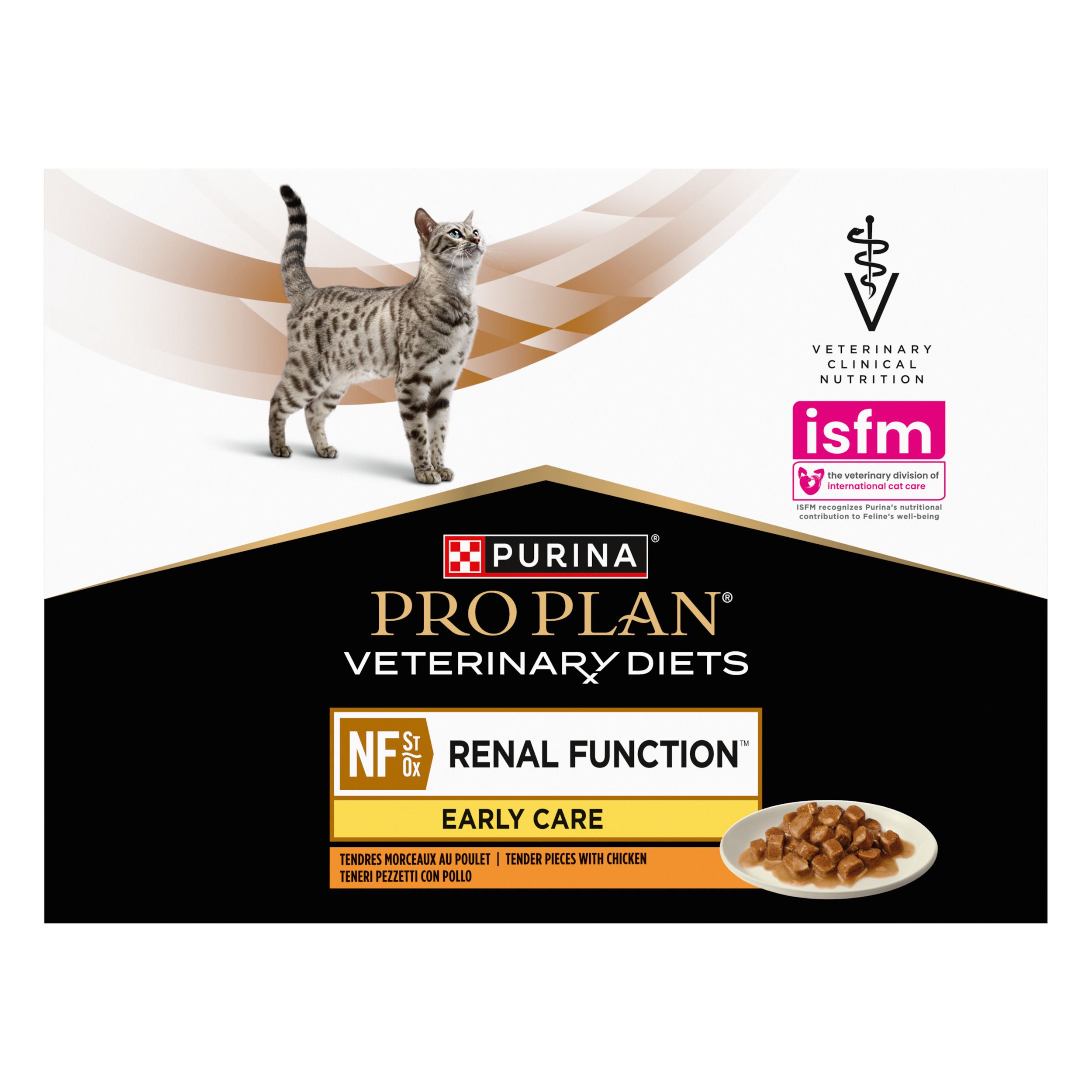 Achterkant verpakking kattenvoer. Meertalige tekst. Merk: Purina Pro Plan Veterinary Diets.