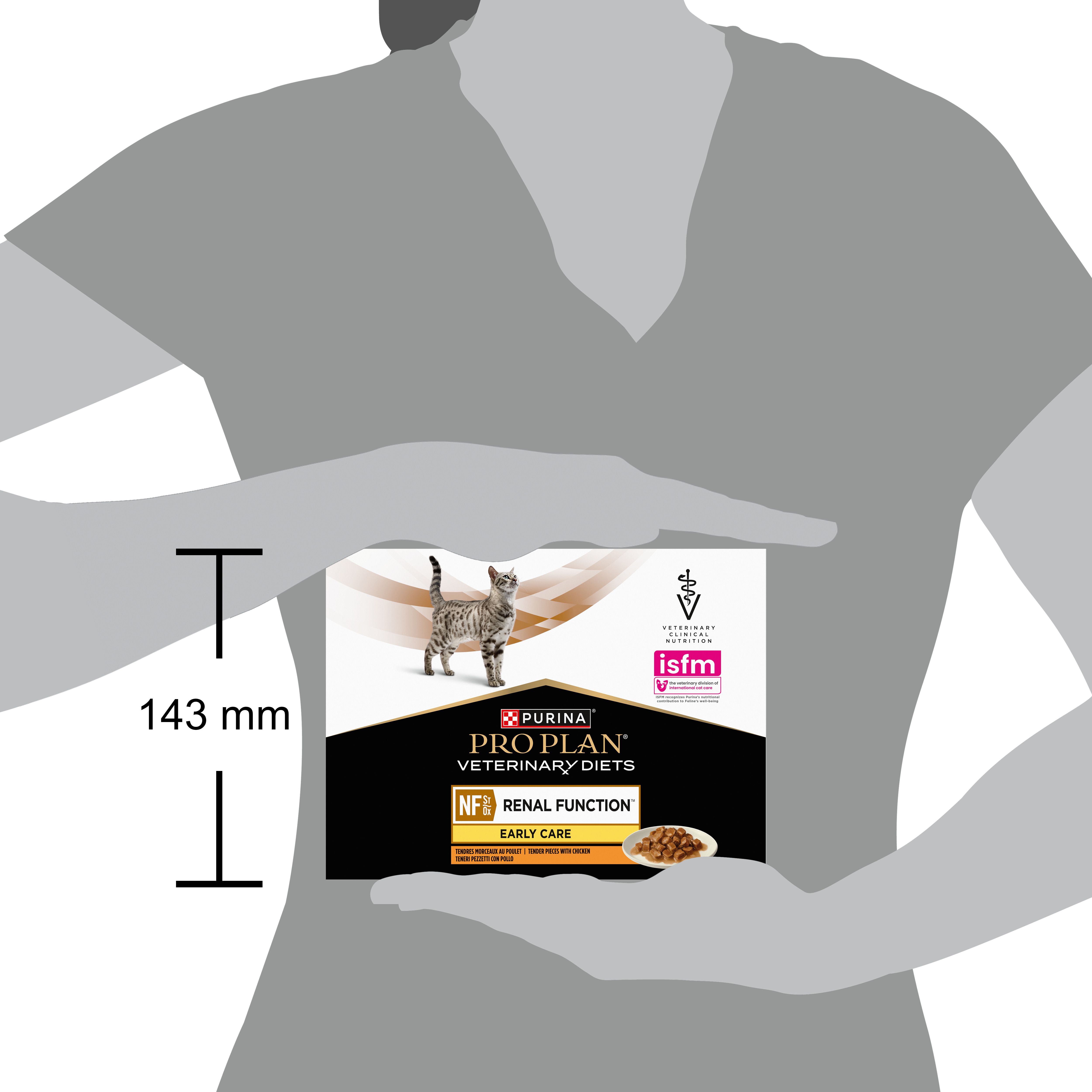 Dos de l'emballage de nourriture pour chats. Texte multilingue. Marque : Purina Pro Plan Veterinary Diets.