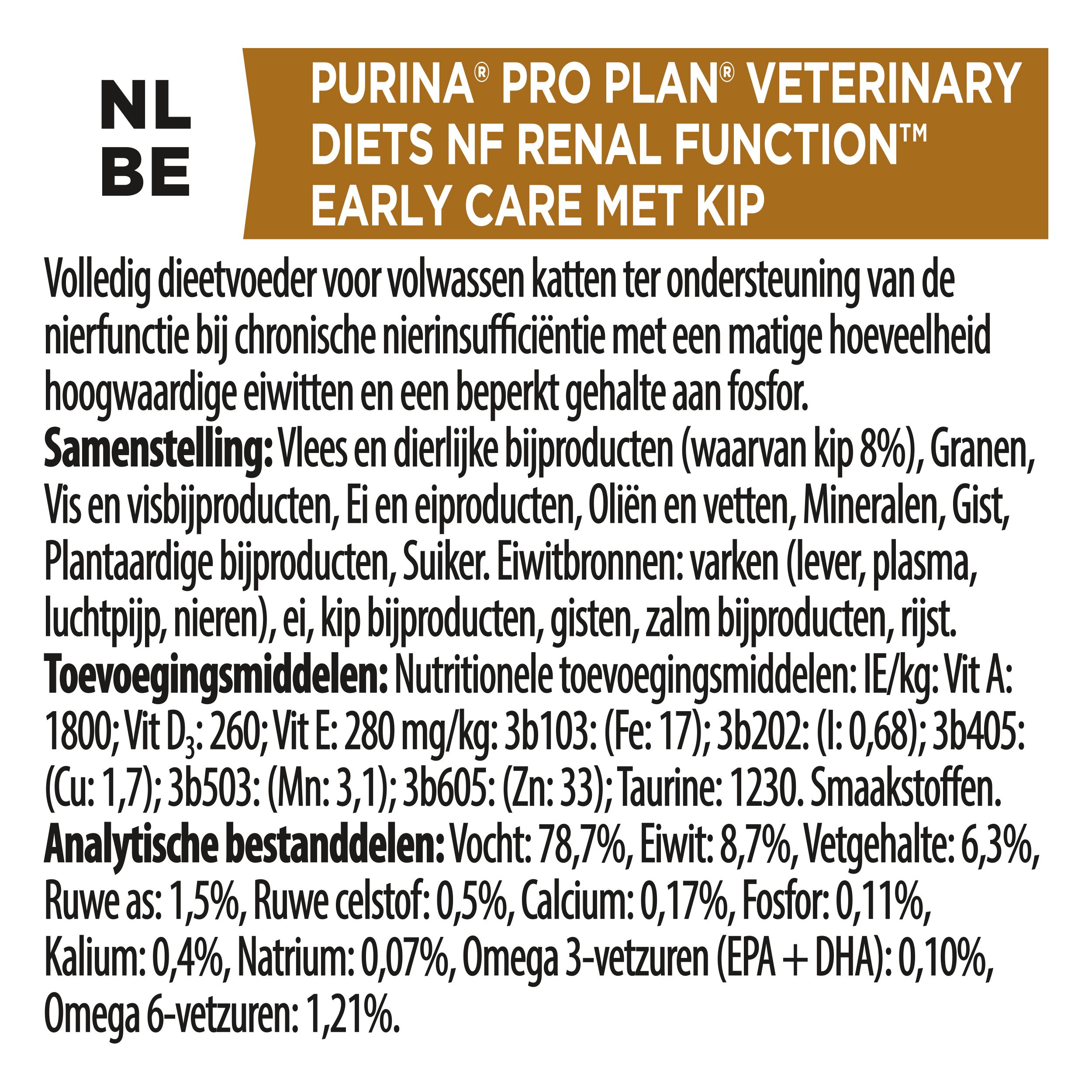 Samenstelling en analyse van kattenvoer. Tekst in het Nederlands. Merk: Purina Pro Plan Veterinary Diets.