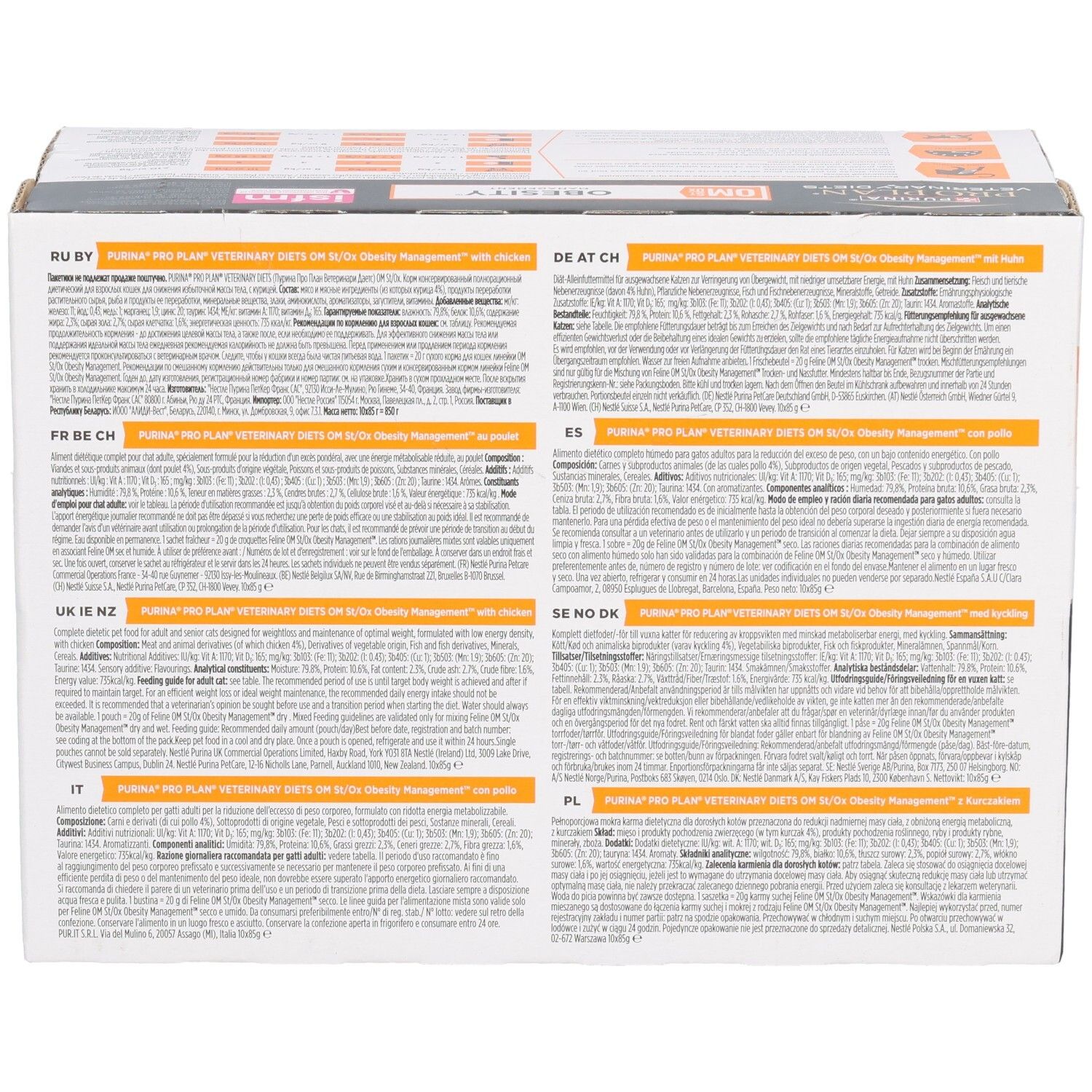 Kartonnen doos met meertalige tekst. Bevat informatie over ingrediënten en voedingsaanbevelingen.