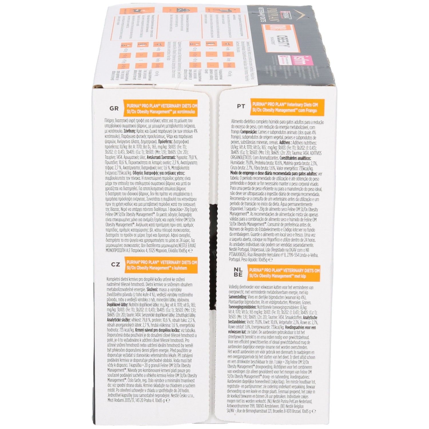 Zijaanzicht van de kartonnen doos met meertalige tekst. Bevat informatie over ingrediënten en voedingsaanbevelingen.