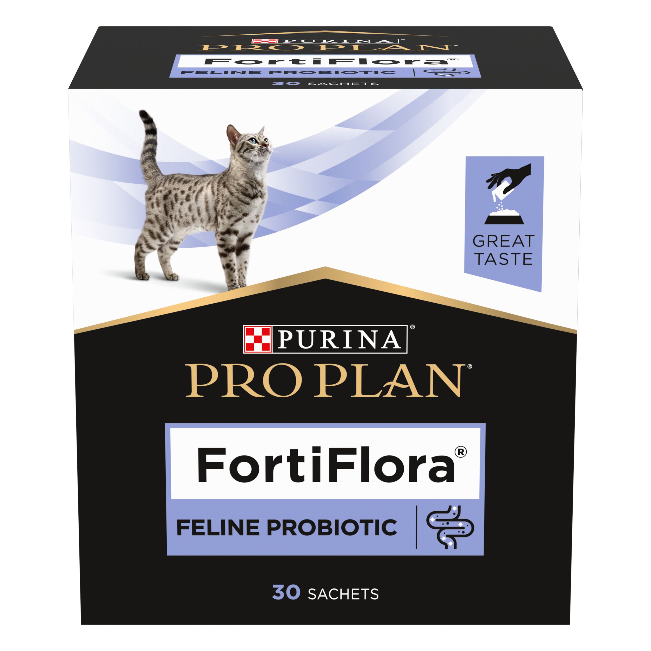 Zwarte doos met productnaam en kat. Bevat 30 sachets. Tekst: FortiFlora Feline Probiotic.