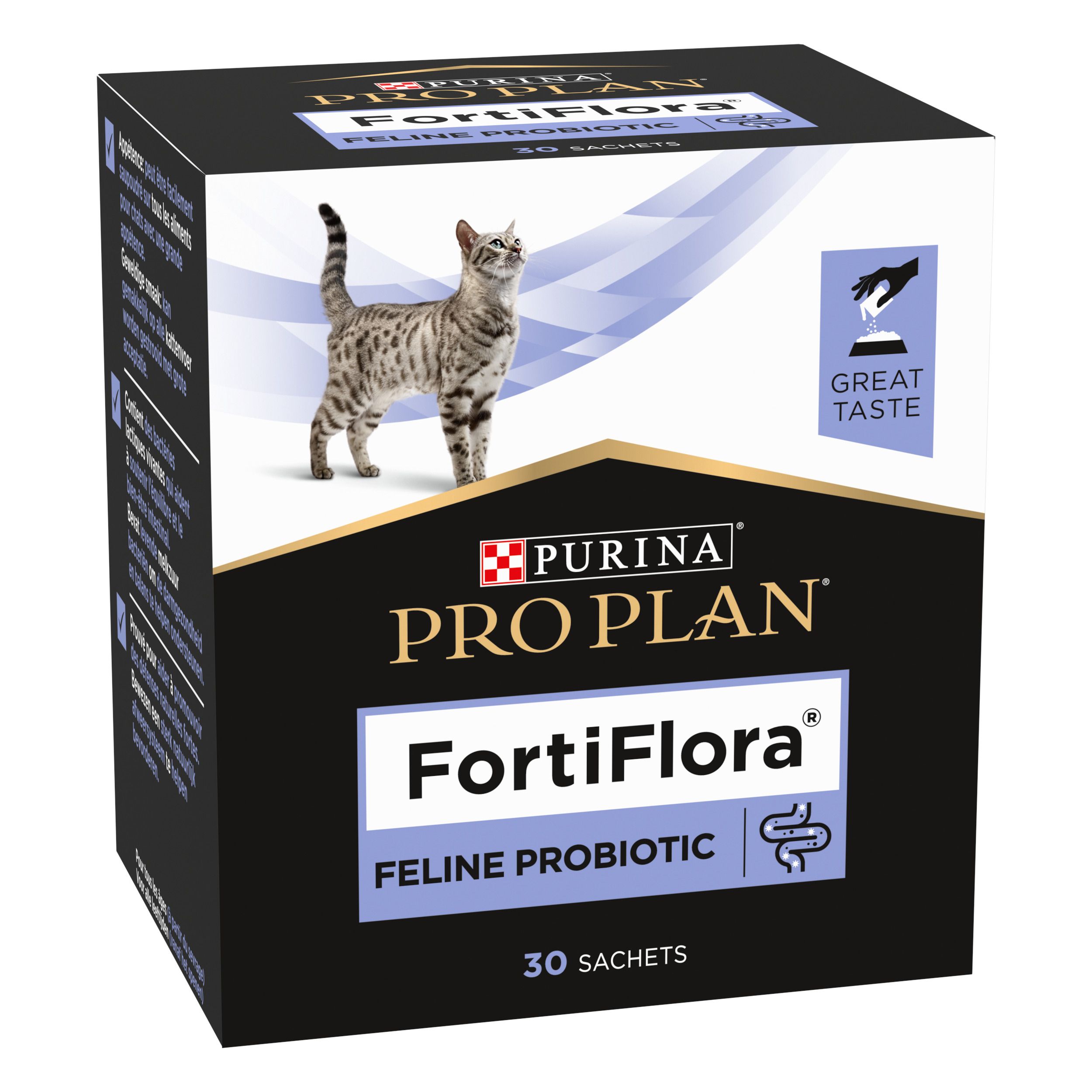 Zwarte doos met productnaam en kat. Bevat 30 sachets. Tekst: FortiFlora Feline Probiotic.