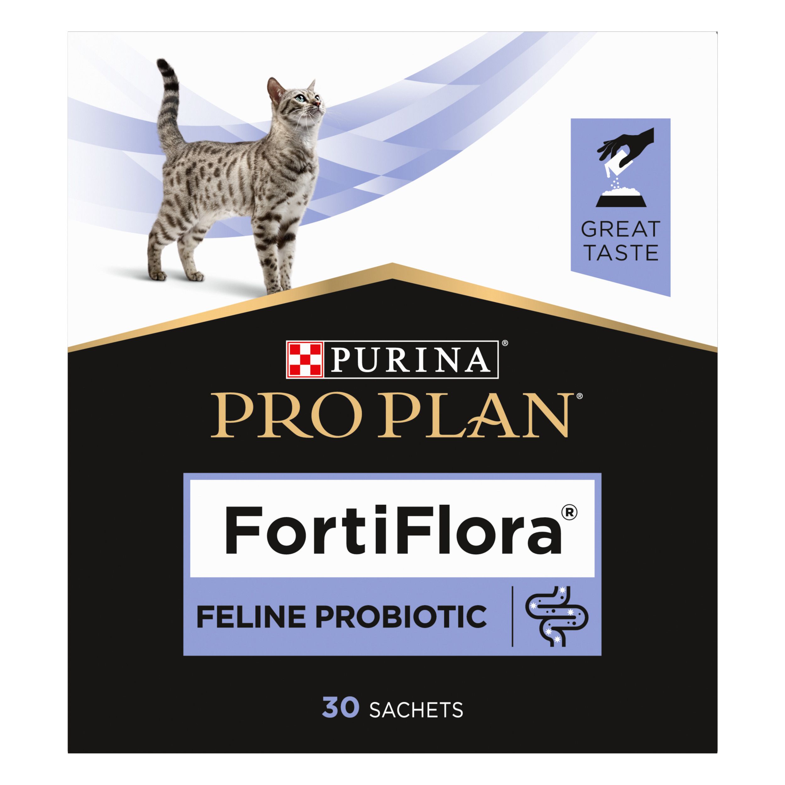 Zwarte doos met productnaam en kat. Bevat 30 sachets. Tekst: FortiFlora Feline Probiotic.