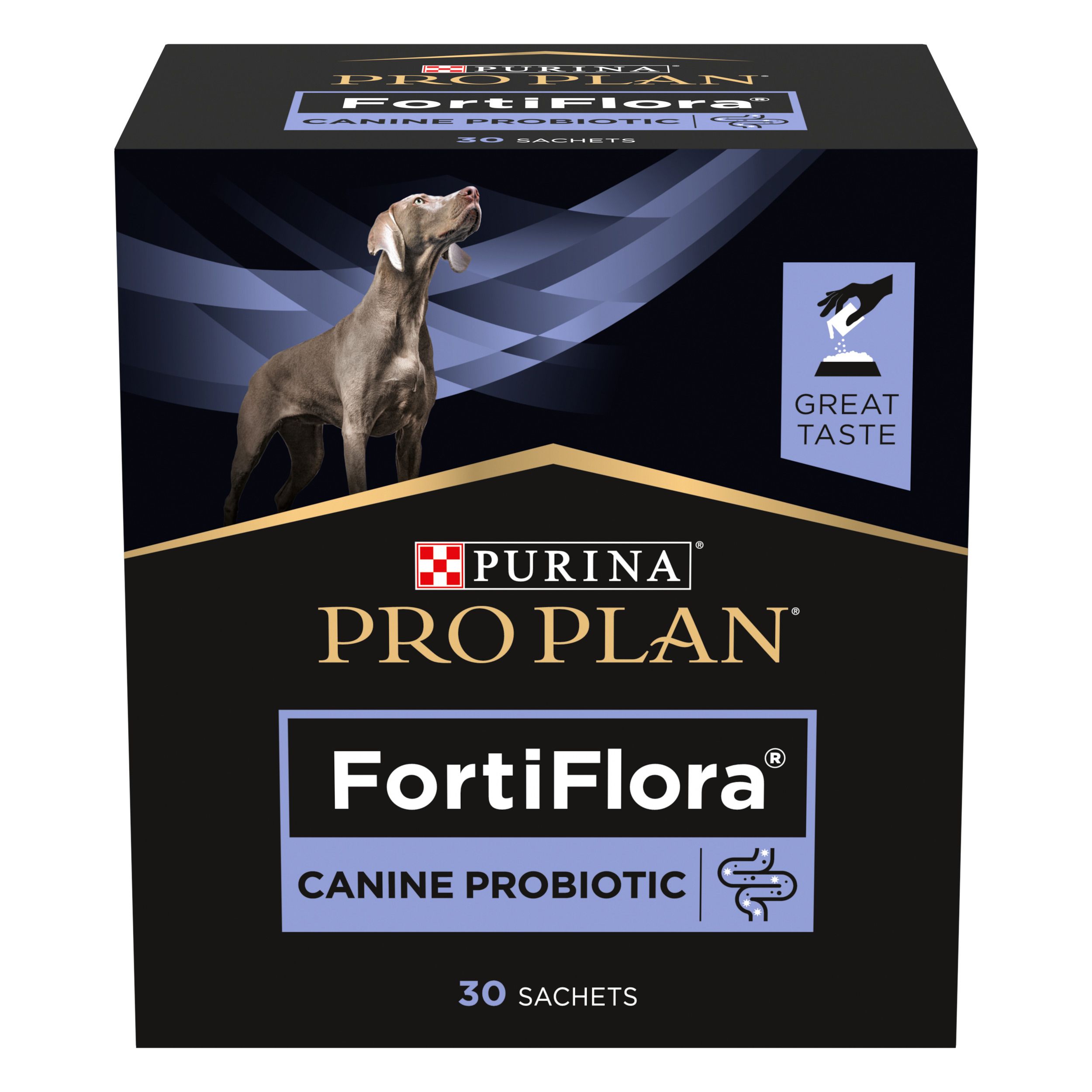 Zwarte doos met Purina Pro Plan FortiFlora Canine Probiotic. Hond op de verpakking. 30 sachets.