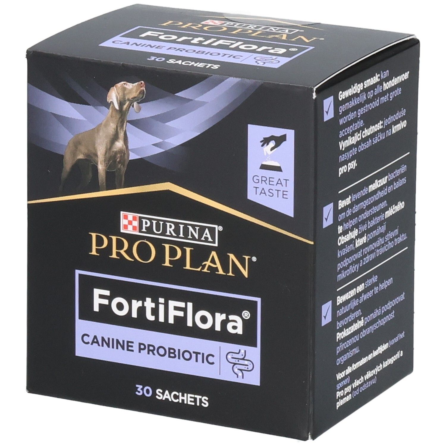 Zwarte doos met Purina Pro Plan FortiFlora Canine Probiotic. Hond op de verpakking. 30 sachets.