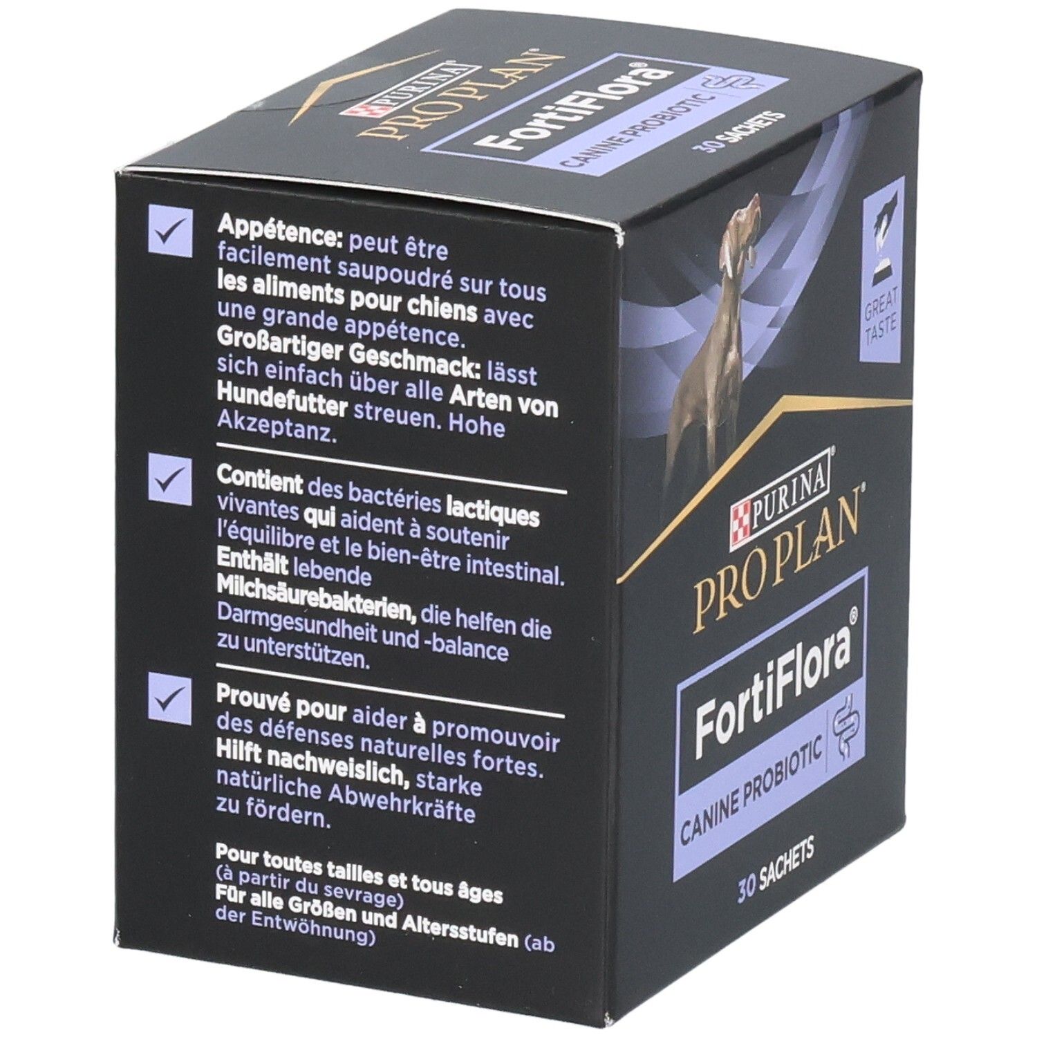 Achterkant van de doos met tekst. Purina Pro Plan FortiFlora Canine Probiotic. 30 sachets. Tekst in het Nederlands.