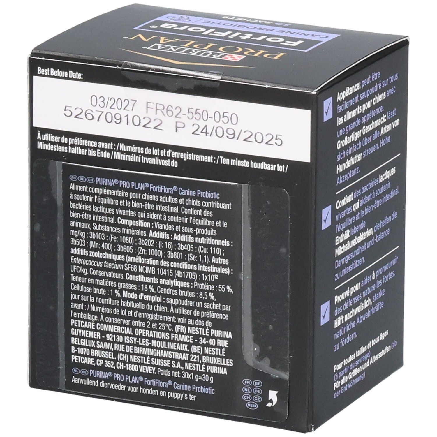 Achterkant van de doos met tekst. Purina Pro Plan FortiFlora Canine Probiotic. 30 sachets. Tekst in het Nederlands.