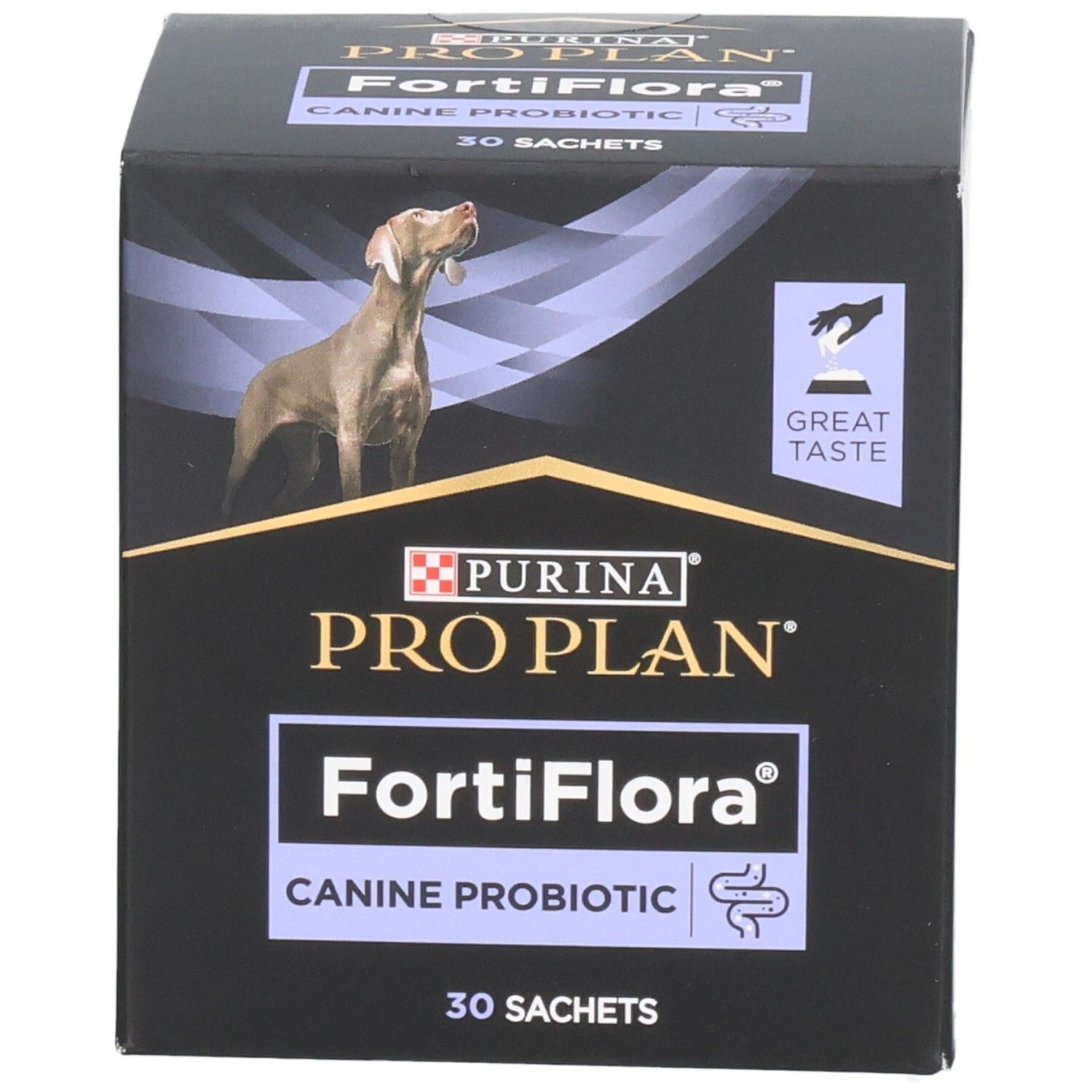 Zwarte doos met Purina Pro Plan FortiFlora Canine Probiotic. Hond op de verpakking. 30 sachets.