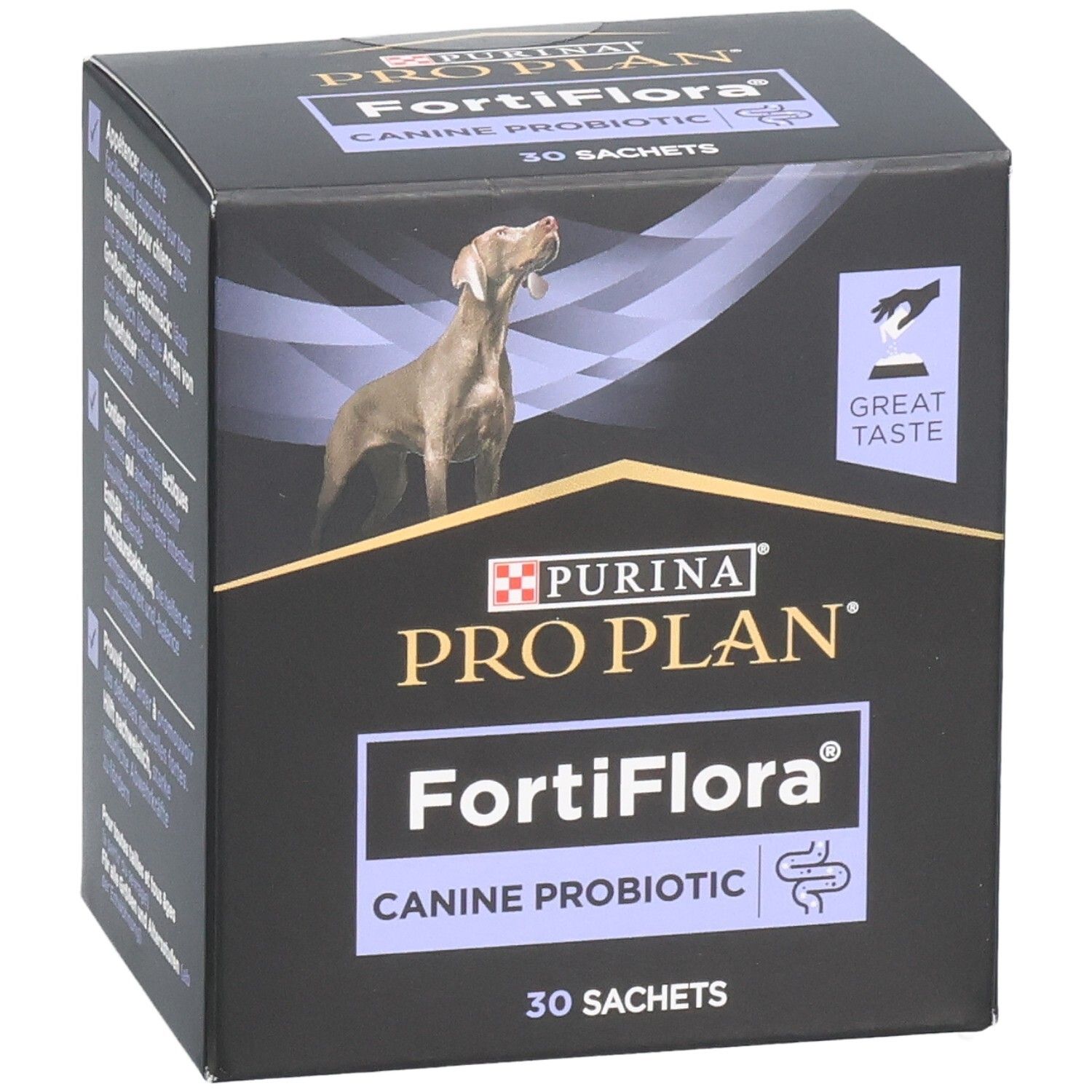 Zwarte doos met Purina Pro Plan FortiFlora Canine Probiotic. Hond op de verpakking. 30 sachets.