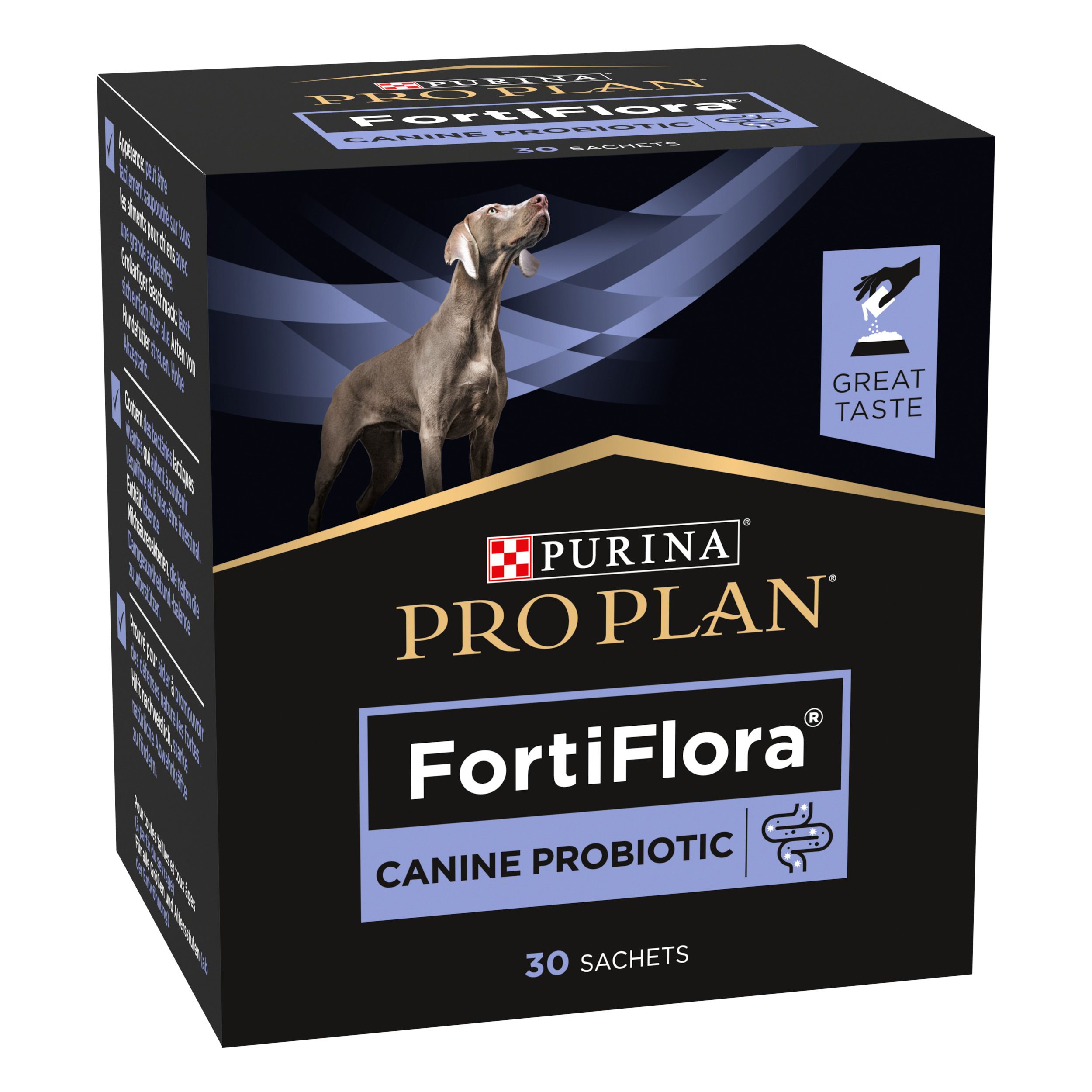 Zwarte doos met Purina Pro Plan FortiFlora Canine Probiotic. Hond op de verpakking. 30 sachets.