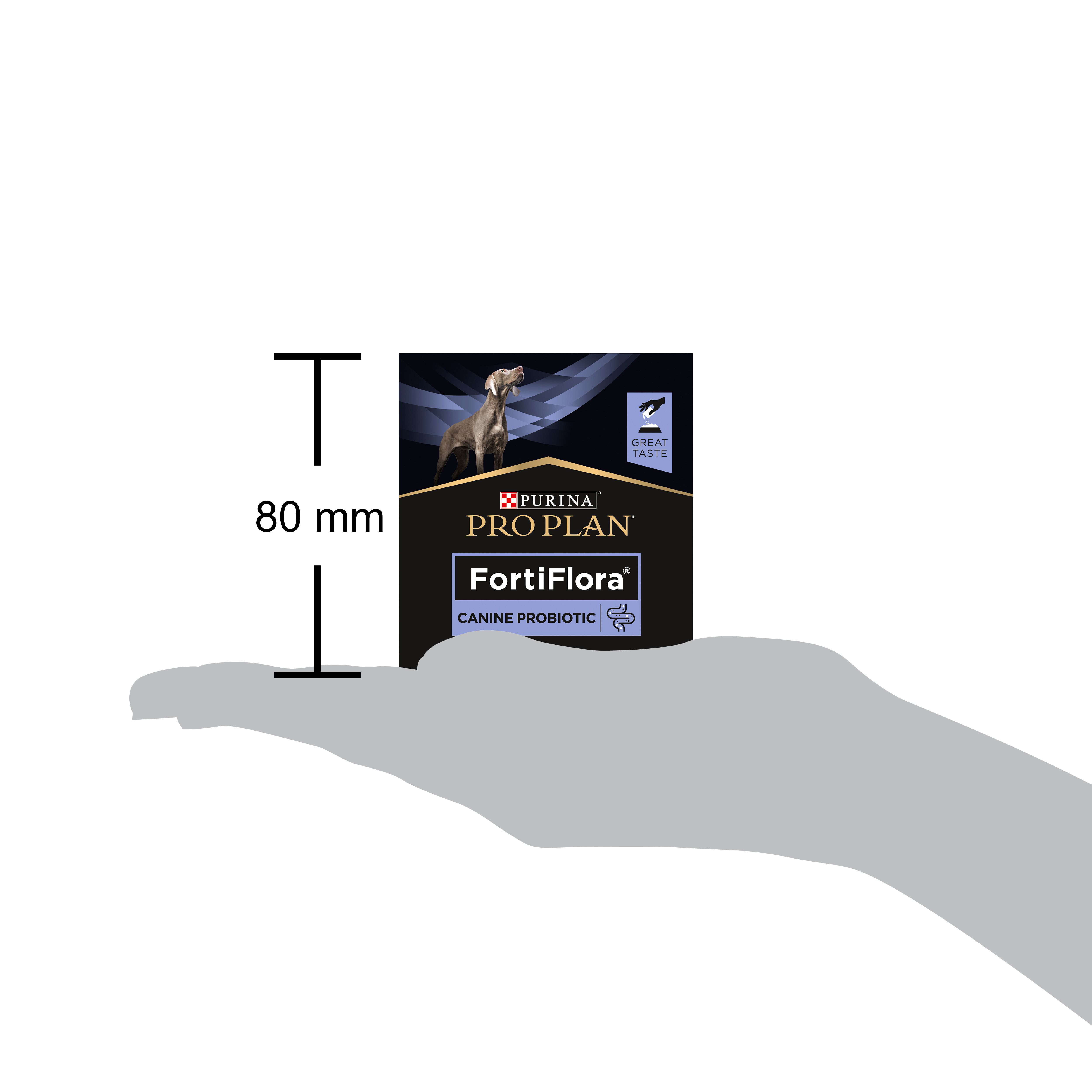 Zwarte doos met Purina Pro Plan FortiFlora Canine Probiotic. Hond op de verpakking. 30 sachets.