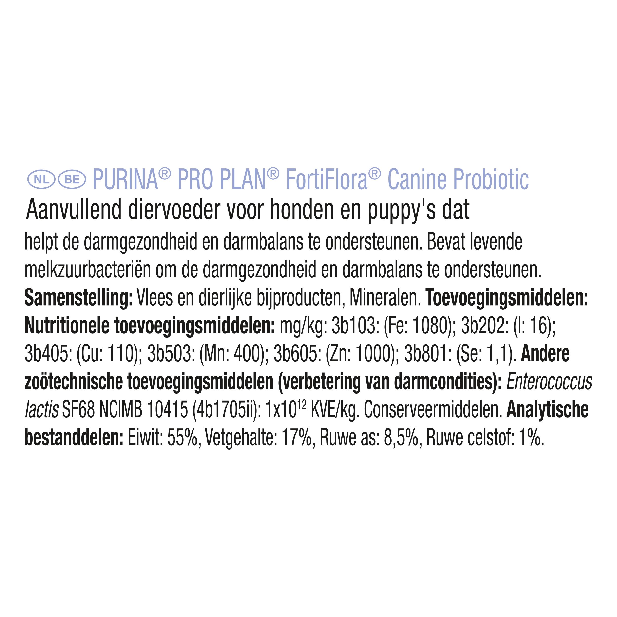 Zwarte doos met Purina Pro Plan FortiFlora Canine Probiotic. Hond op de verpakking. 30 sachets.