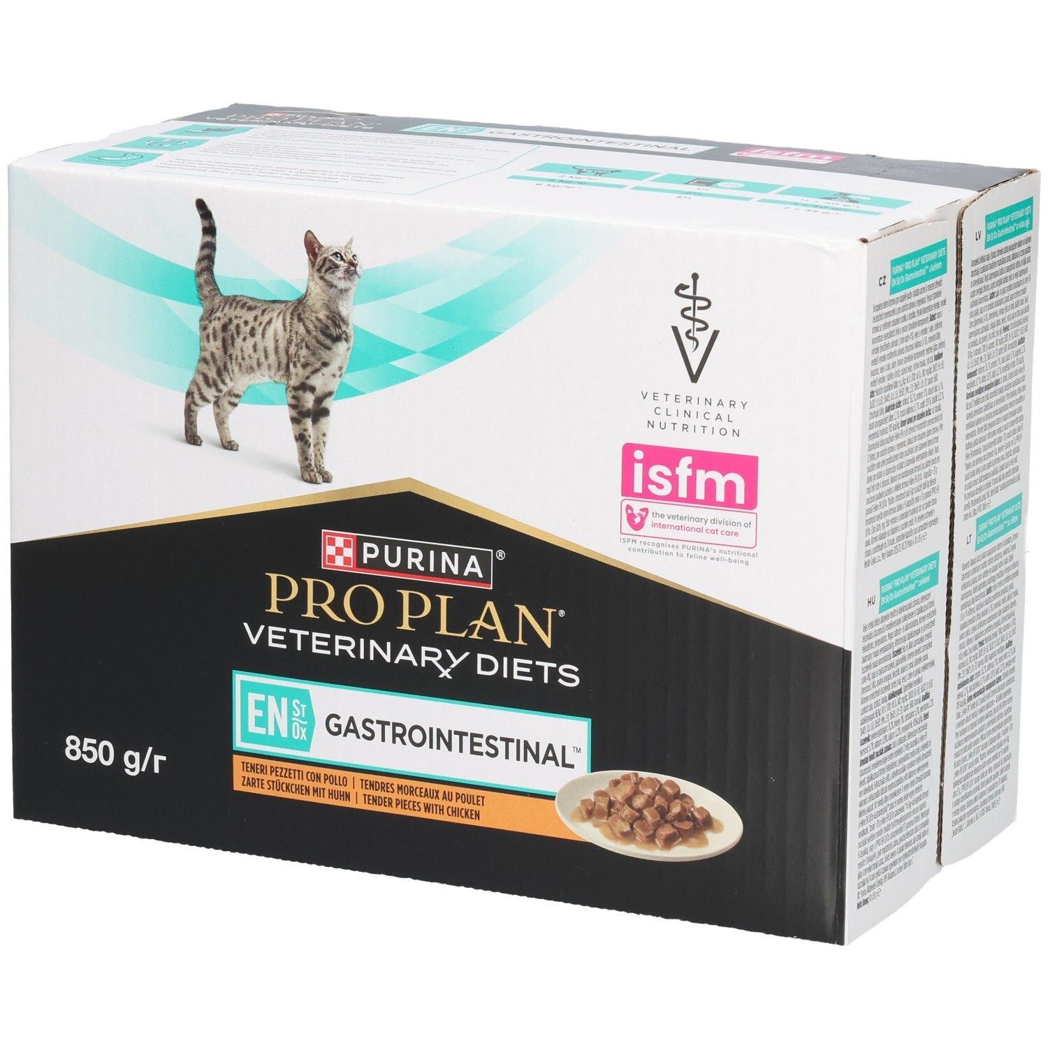 Kartonverpakking met PRO PLAN Veterinary Diets. Kat en productafbeelding. 850 g. Met Gastrointestinal.
