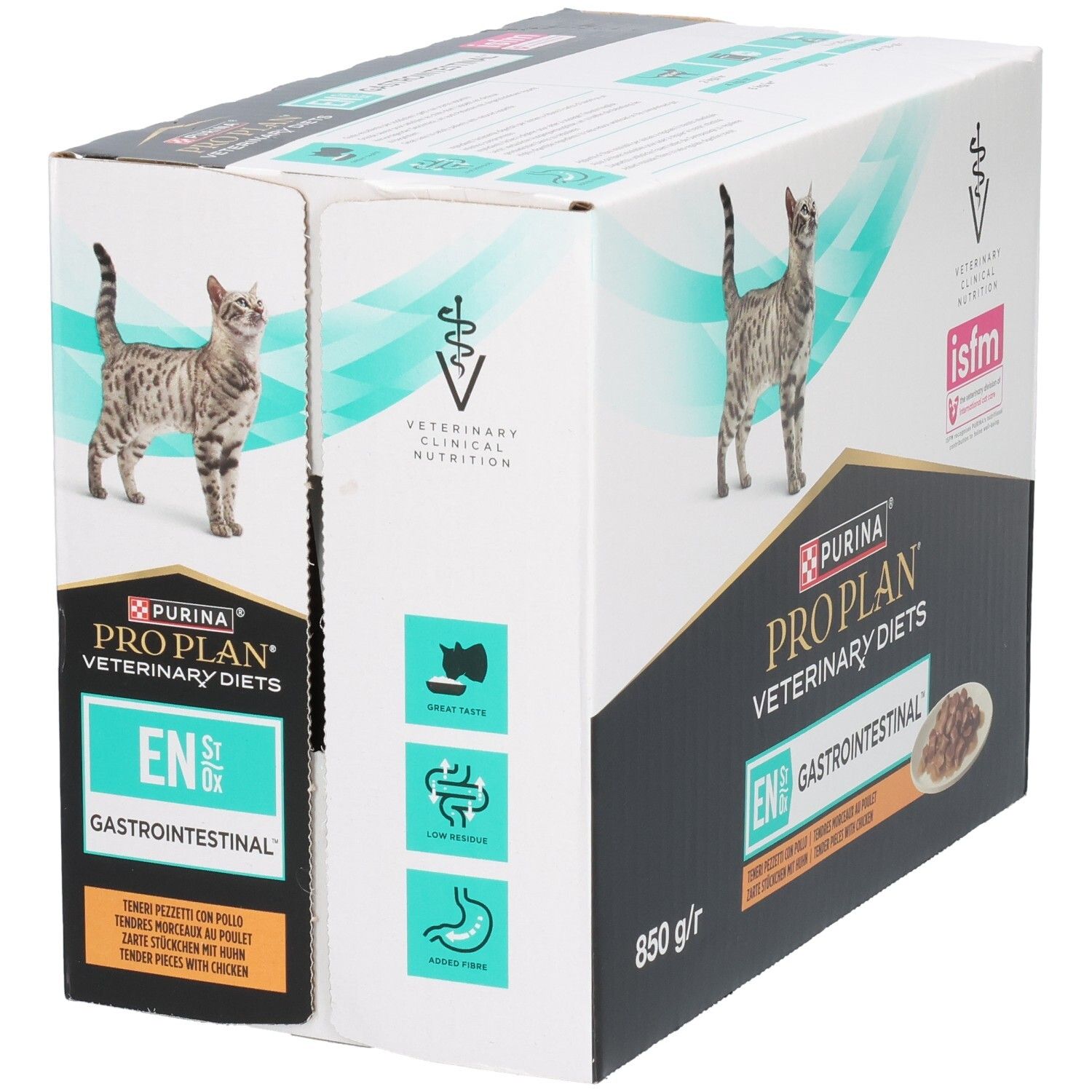 Kartonverpakking PRO PLAN Veterinary Diets. Kat en productafbeelding. Gastrointestinal-vermelding. 850 g.