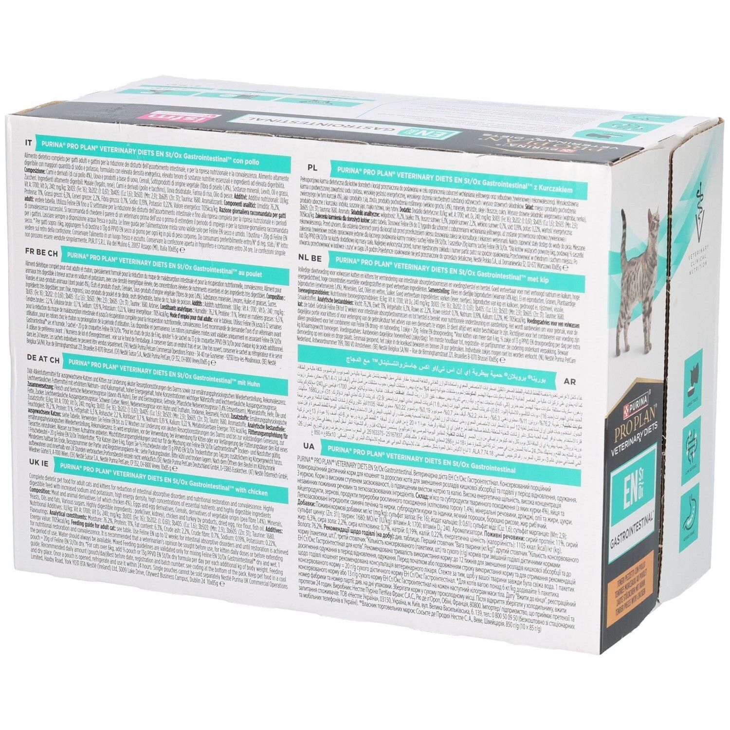 Achterkant van de kartonnen doos. Tekst in verschillende talen. PRO PLAN Veterinary Diets. Kat.