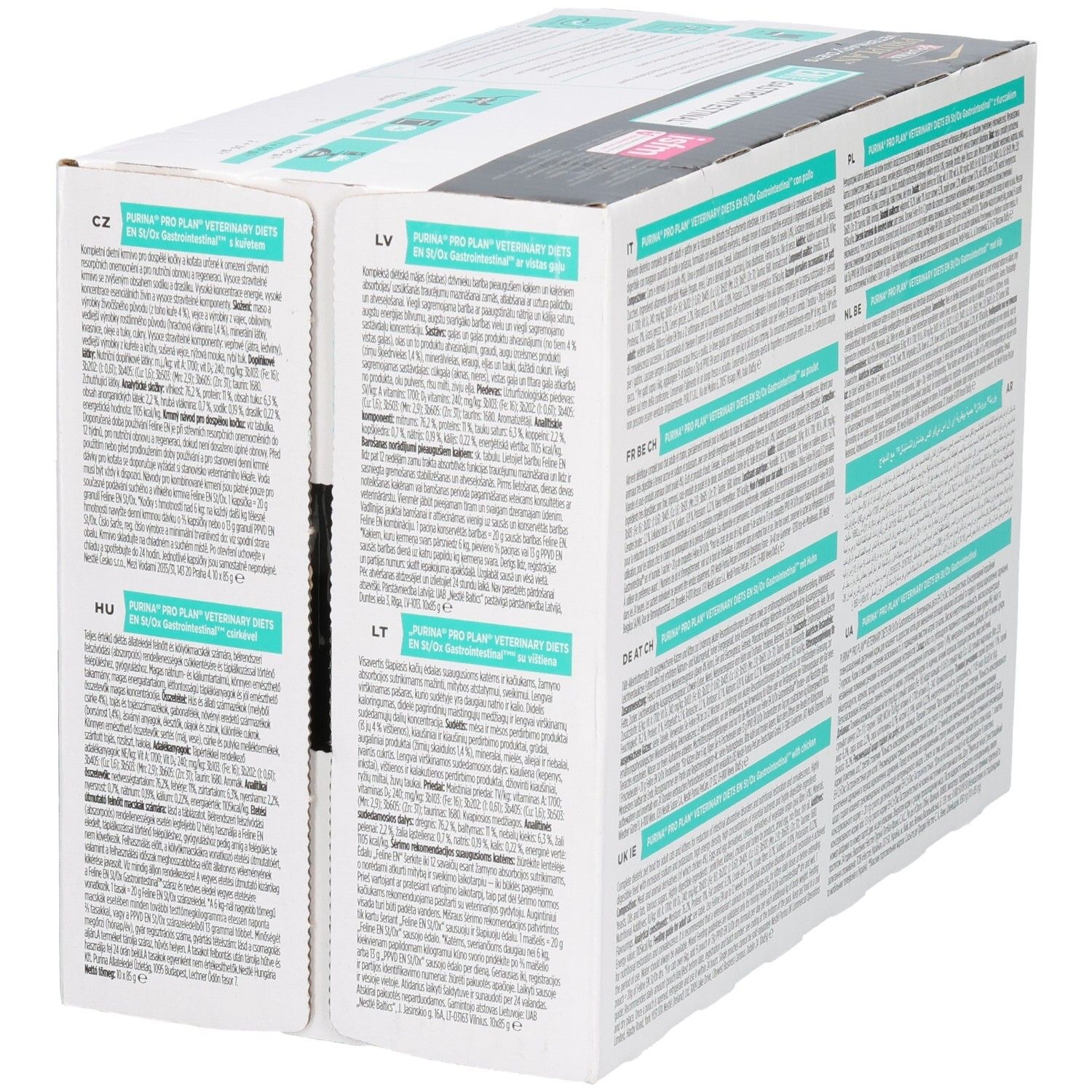 Achterkant van de kartonnen doos. Tekst in verschillende talen. PRO PLAN Veterinary Diets.