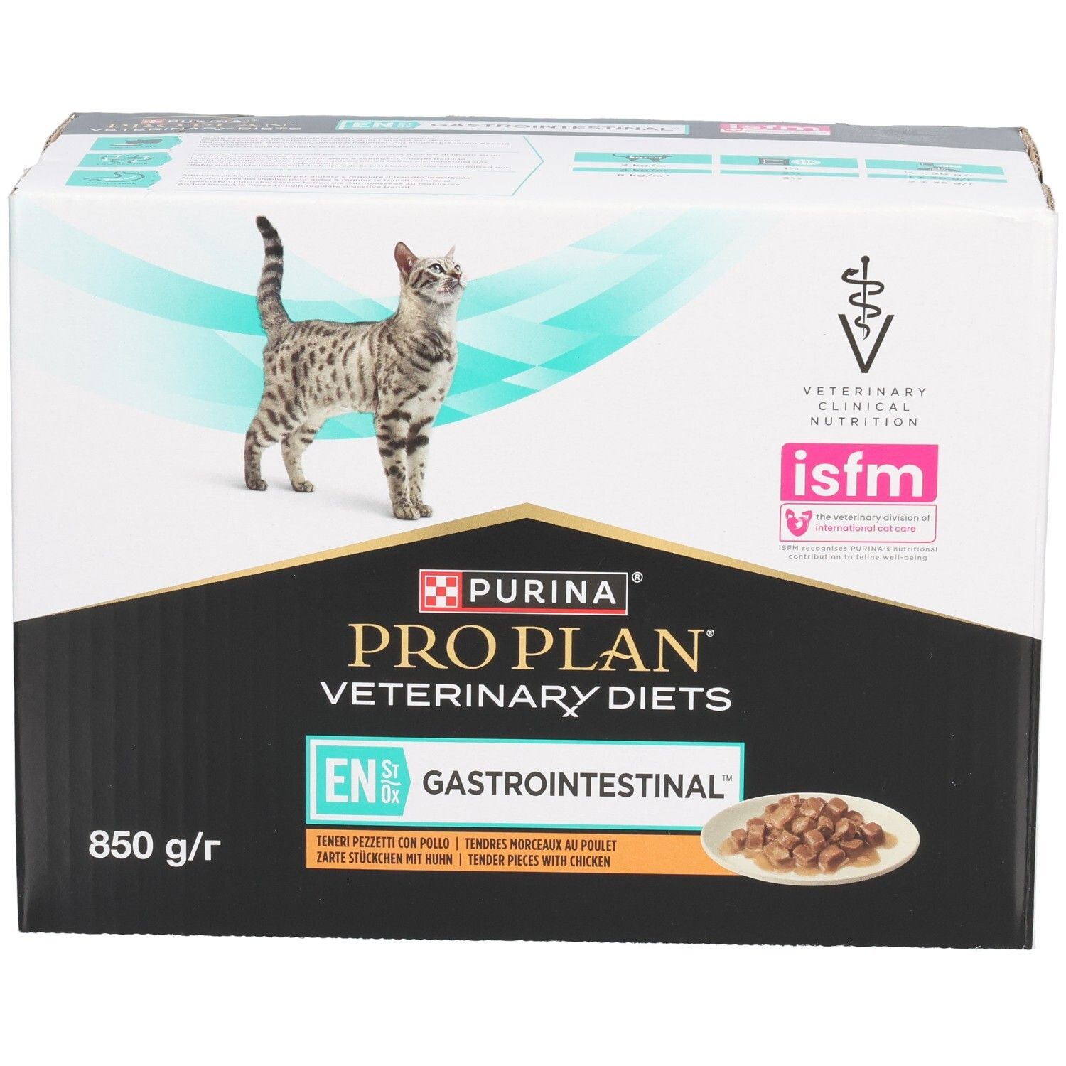 Kartonverpakking PRO PLAN Veterinary Diets. Kat en productafbeelding. 850 g. Gastrointestinal-vermelding.