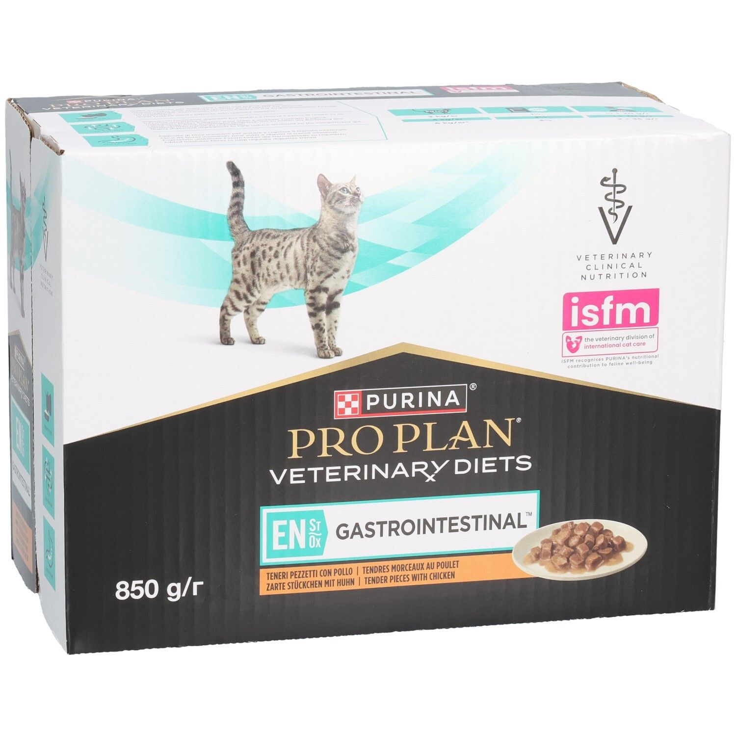 Kartonverpakking PRO PLAN Veterinary Diets. Kat en productafbeelding. 850 g. Gastrointestinal-vermelding.