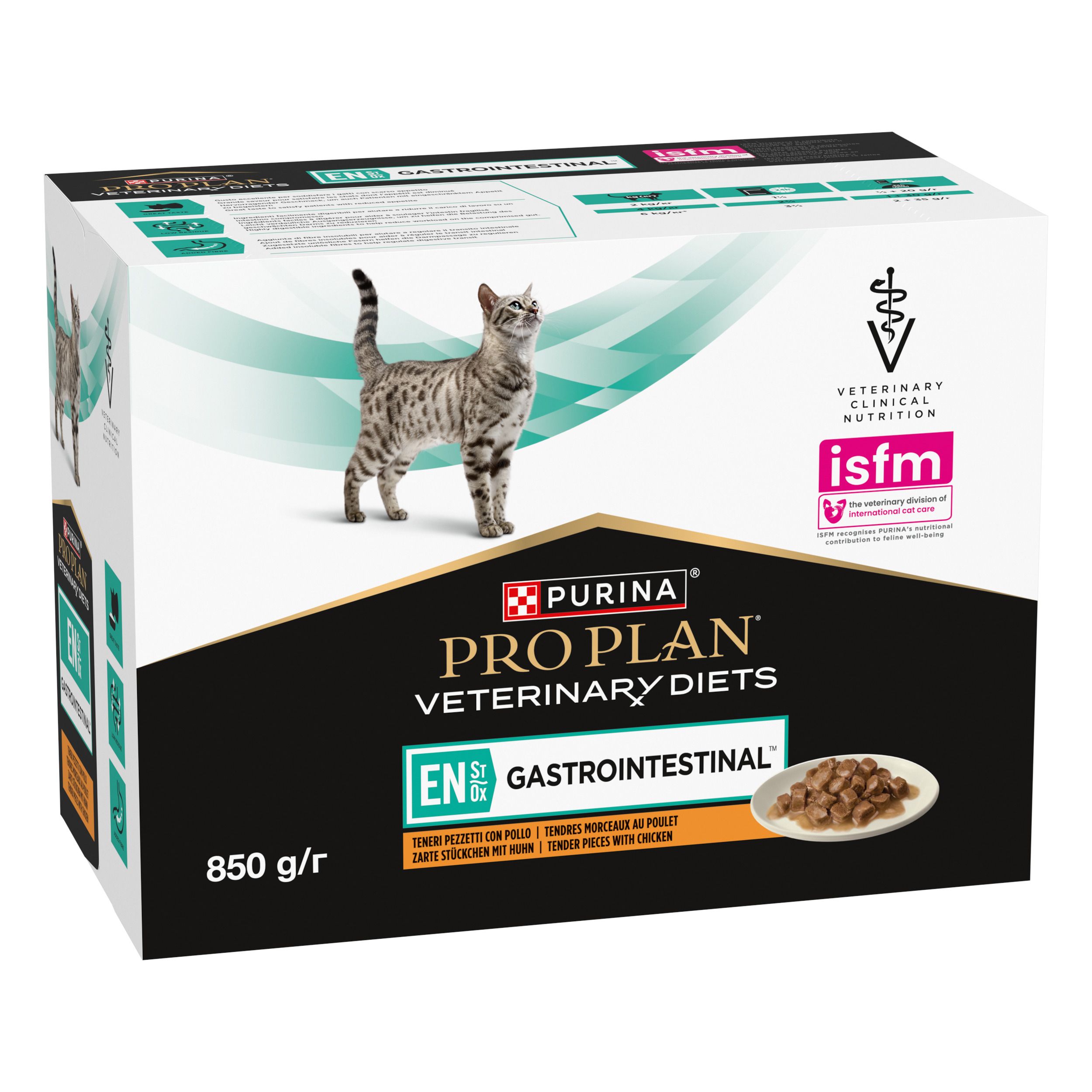 Kartonverpakking PRO PLAN Veterinary Diets. Kat en productafbeelding. 850 g. Gastrointestinal-vermelding.