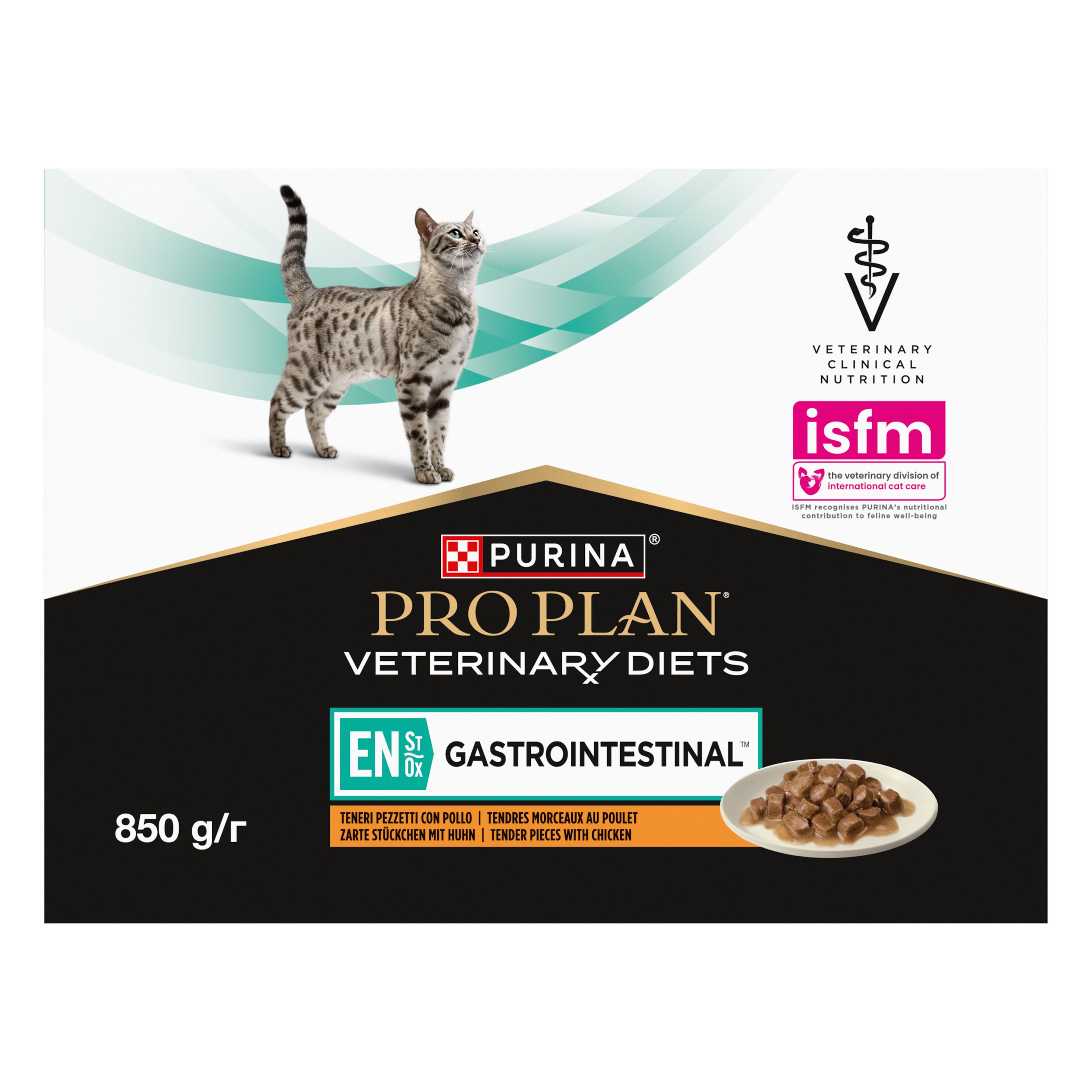 Kartonverpakking PRO PLAN Veterinary Diets. Kat en productafbeelding. 850 g. Gastrointestinal-vermelding.