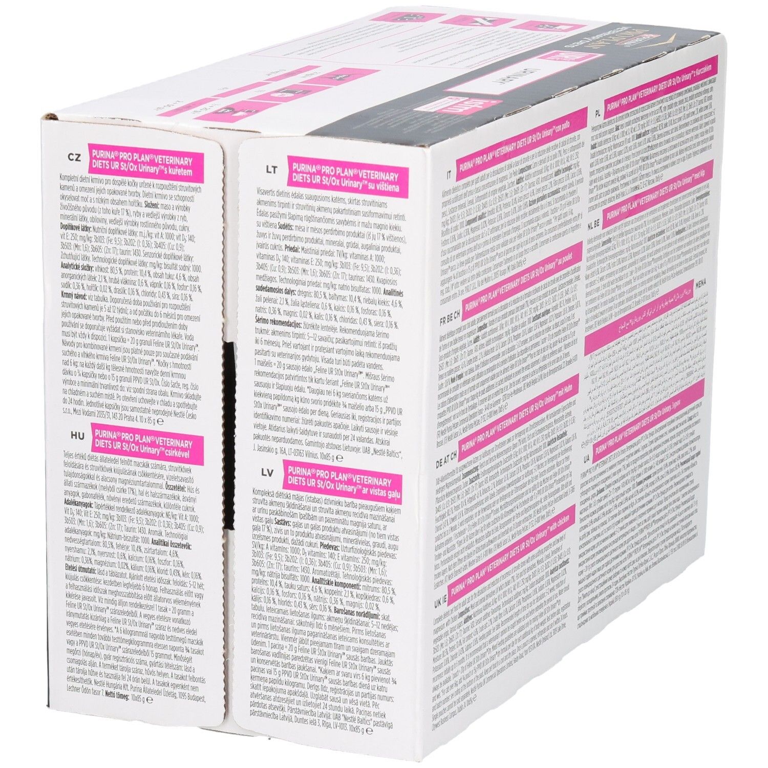 Achterkant van de kartonnen verpakking. Tekst in meerdere talen. PRO PLAN VETERINARY DIETS UR.