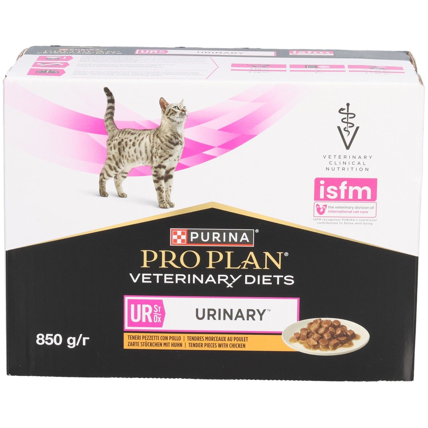 Kartonnen verpakking met kat. Opschrift: PRO PLAN VETERINARY DIETS UR URINARY. 850 g/r.