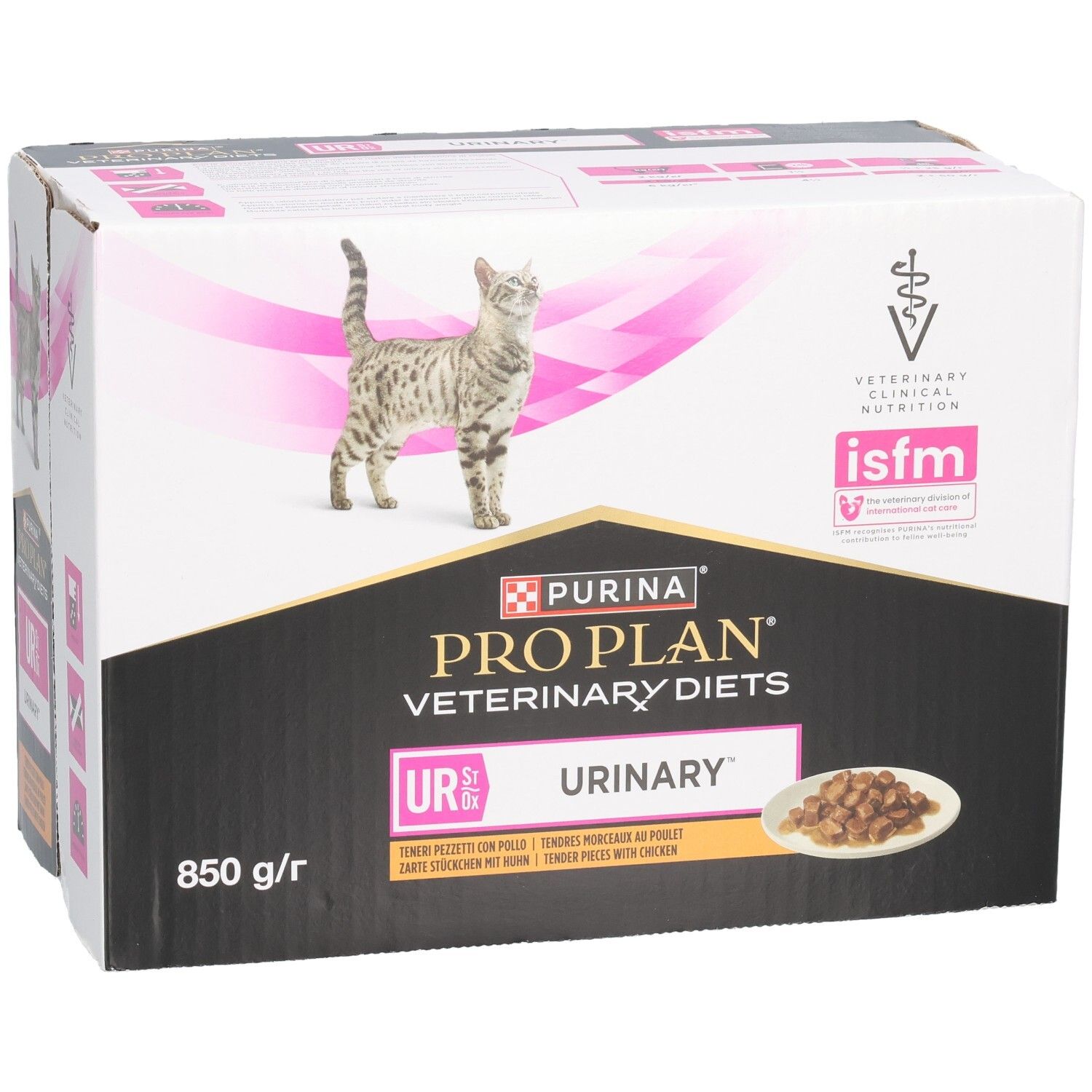 Kartonnen verpakking met kat. Opschrift: PRO PLAN VETERINARY DIETS UR URINARY. 850 g/r.