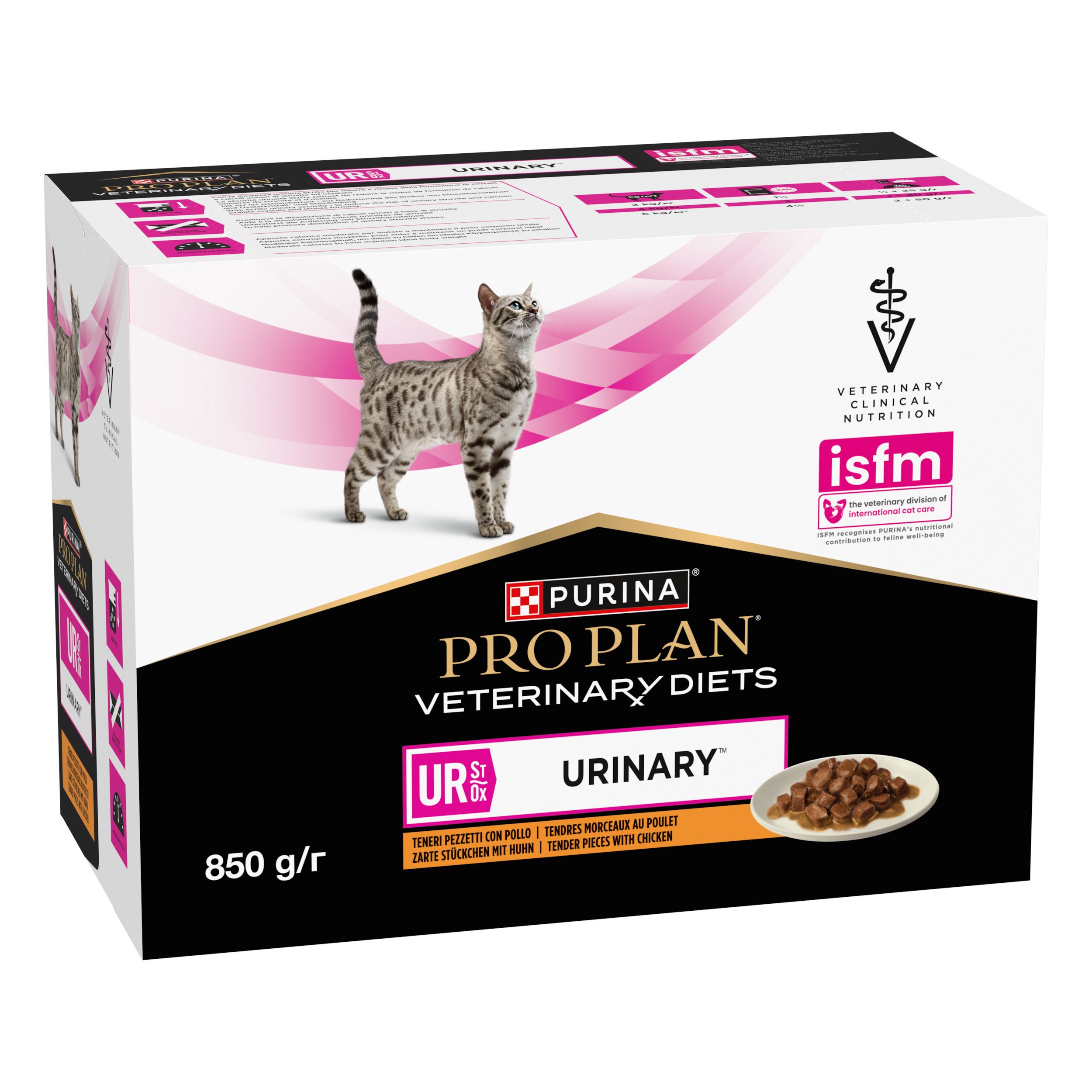 Boîte en carton avec chat. Inscription : PRO PLAN VETERINARY DIETS UR URINARY. 850 g/r.