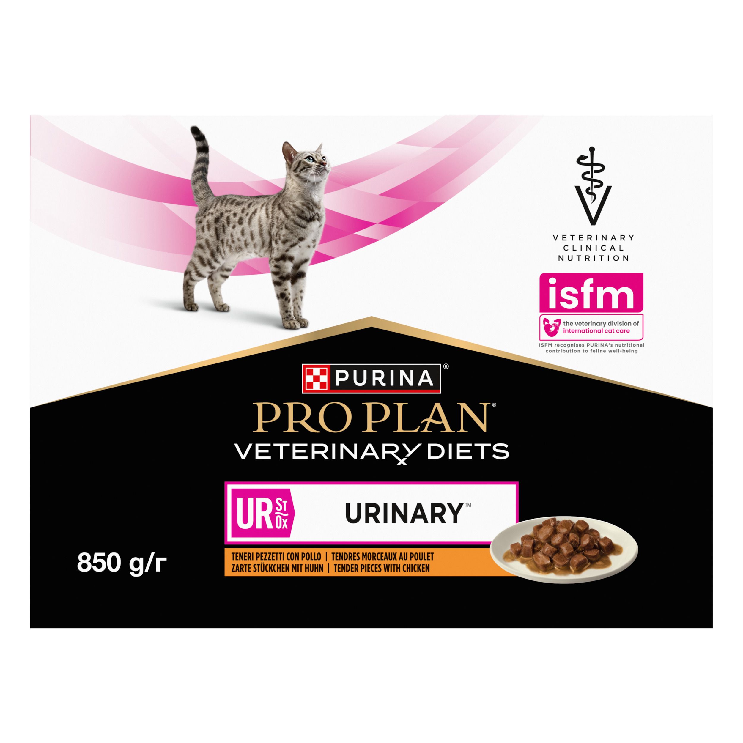 Boîte en carton avec chat. Inscription : PRO PLAN VETERINARY DIETS UR URINARY. 850 g/r.