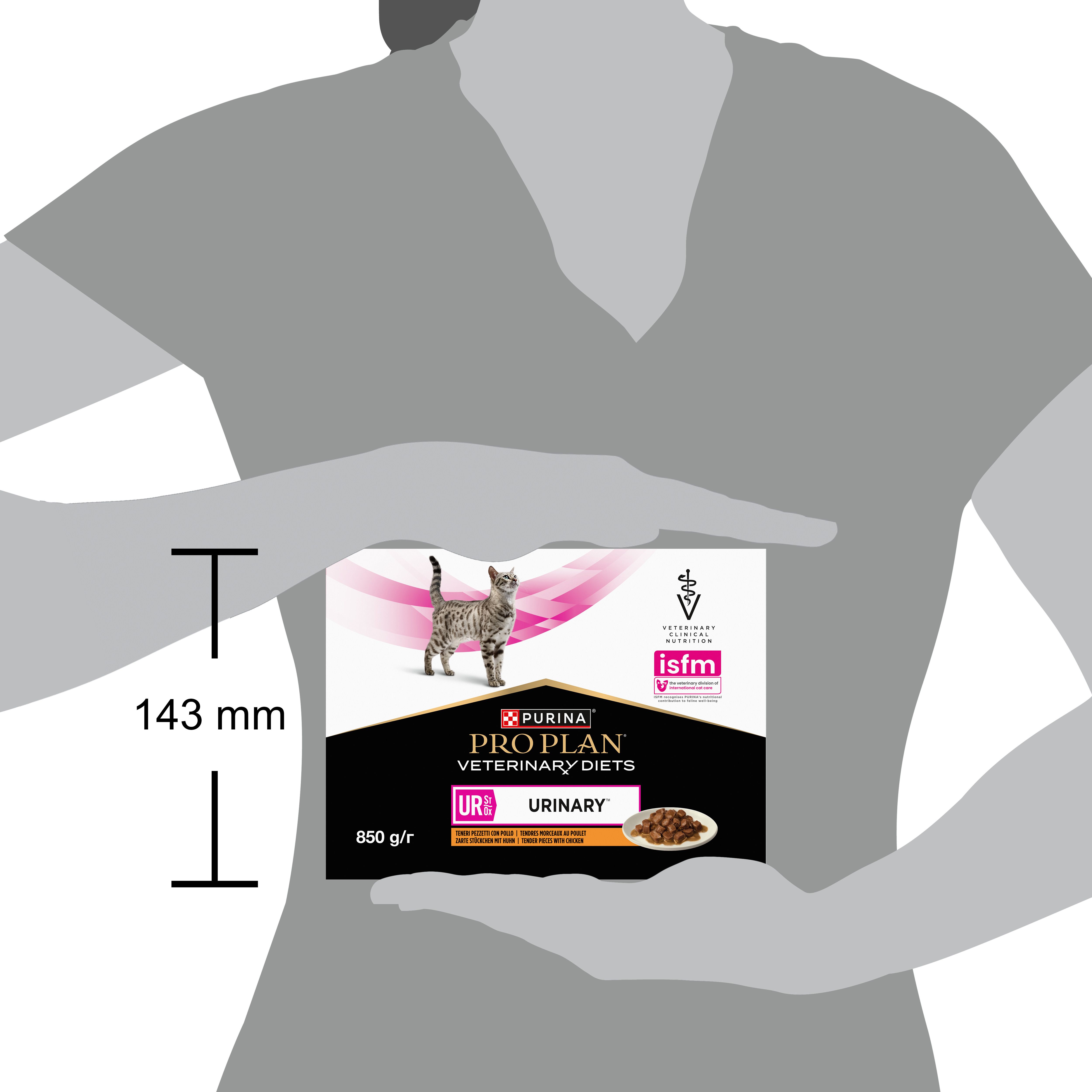 Kartonnen verpakking met kat. Opschrift: PRO PLAN VETERINARY DIETS UR URINARY. 850 g/r.