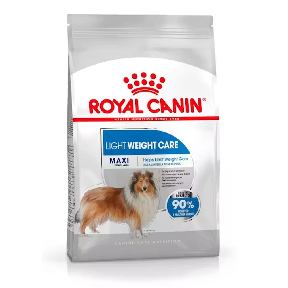 Sac de 12 kg de nourriture Royal Canin Maxi Light Weight Care pour chien, avec image d'un Collie et garantie de succès à 90%.